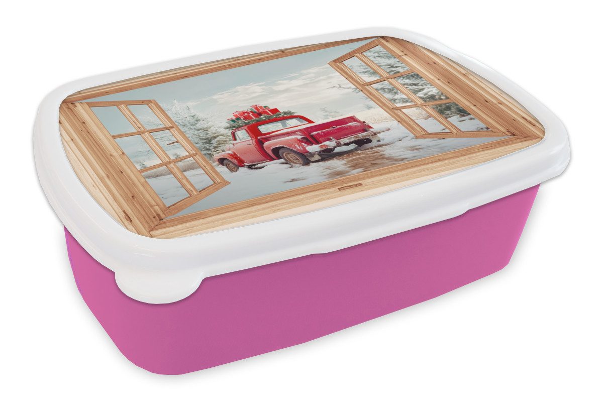 MuchoWow Lunchbox Durchsichtig - Auto - Weihnachten - Geschenke - Winter - Landschaft, Kunststoff, (2-tlg), Brotdosen, Lunch Box, Brotbox für Kinder und Erwachsene