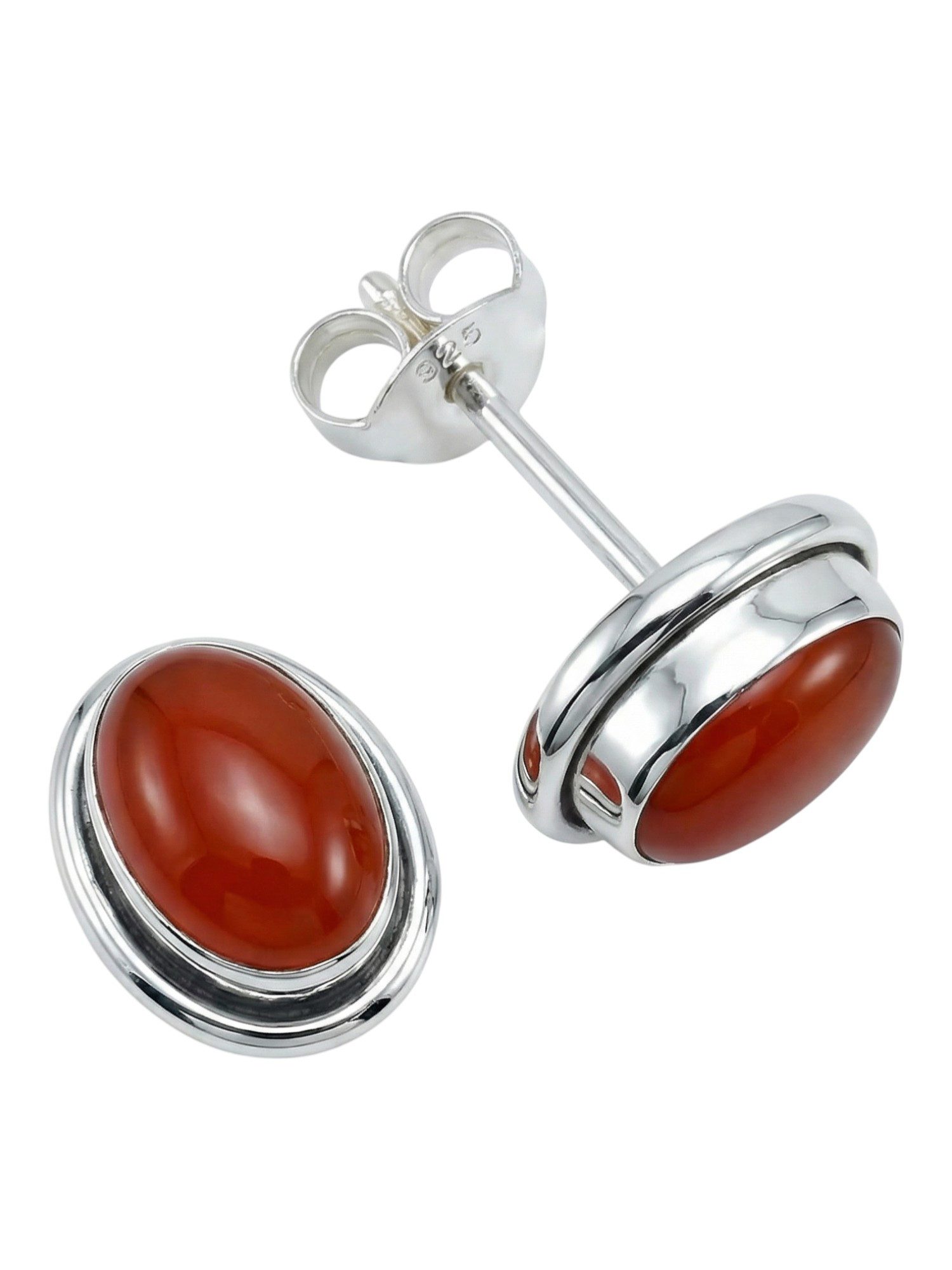 mantraroma Paar Ohrstecker SARALA oval klein aus 925 Silber mit Karneol (Paar, Paar Ohrringe mit Schmuckbeutel), 925 Sterling Silber Ohrringe für Damen