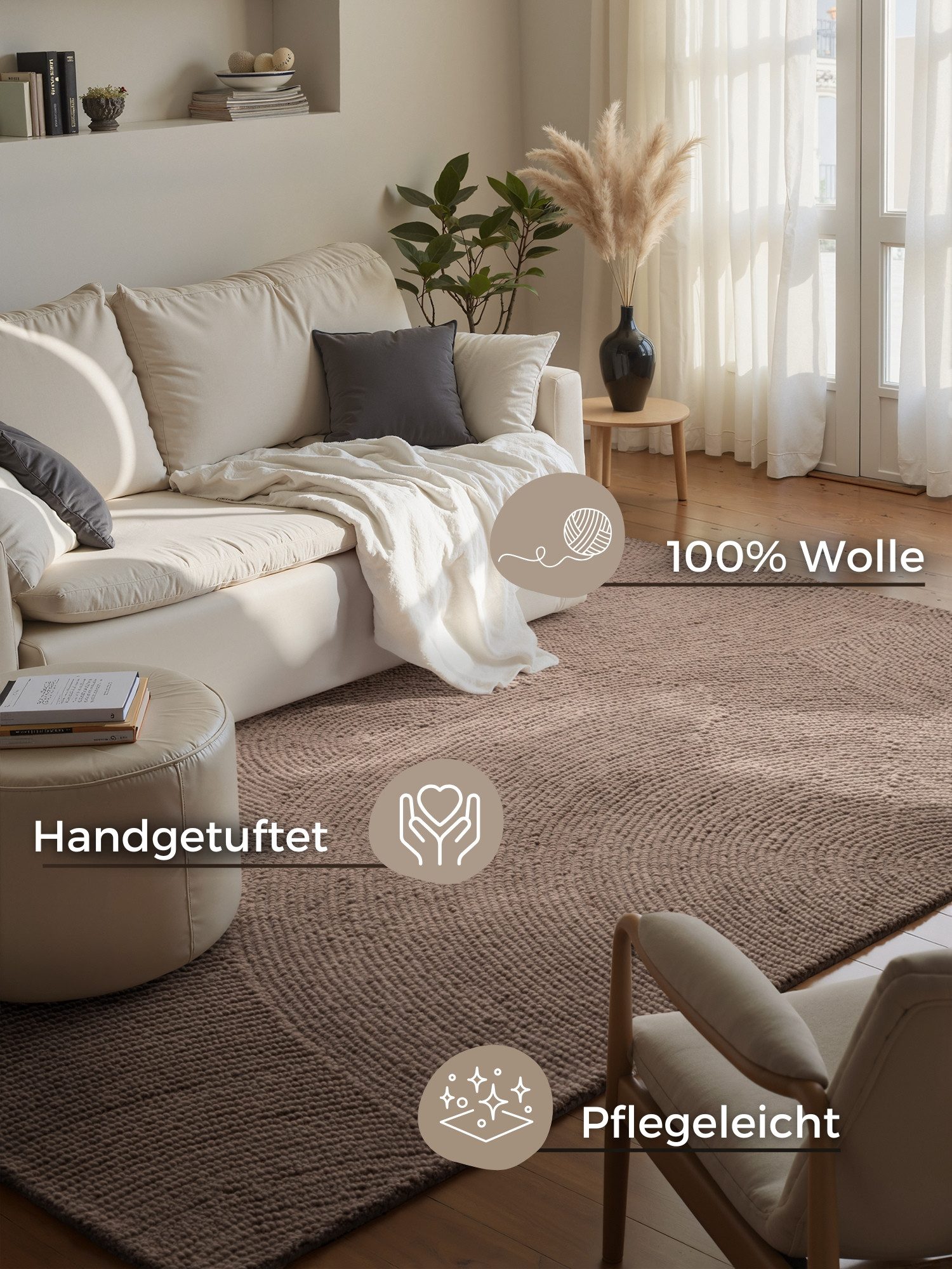 HANSE Home Wollteppich Calmio, auch als Läufer und in rund, rechteckig, Höhe: 18 mm, Handgetuftet, Wolle, Natur, Wohnzimmer, Schlafzimmer, Skandi, Hygge