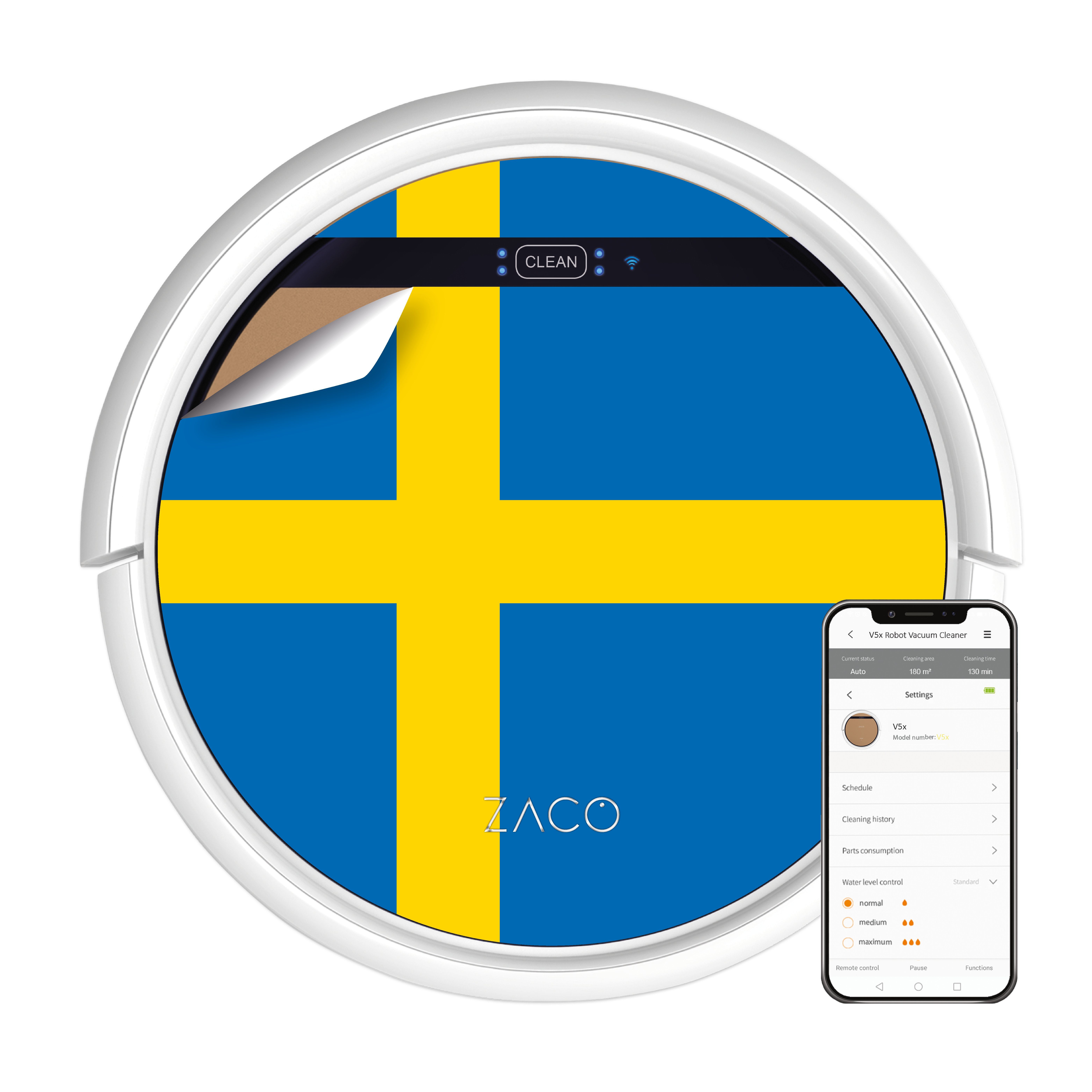 App, Saugroboter Alexa V5x, Tierhaare ZACO 22 Wischfunktion W, Flagge Schwedische Nass-Trocken-Saugroboter Sprachsteuerung, mit beutellos,