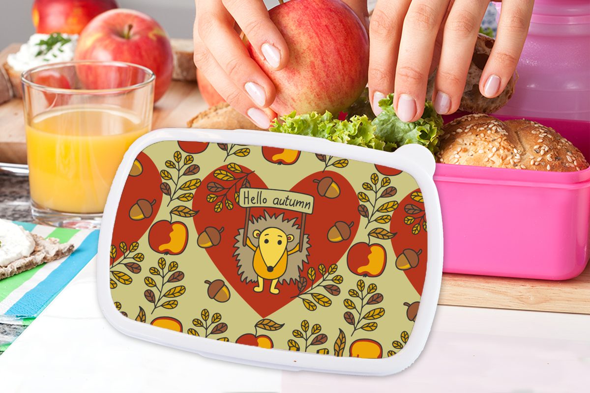 Kunststoff, Snackbox, Design, MuchoWow für Lunchbox Kind Kunststoff - rosa Jahreszeiten Herbst Kinder, Brotdose (2-tlg), - - Erwachsene, Igel - Mädchen, Brotbox