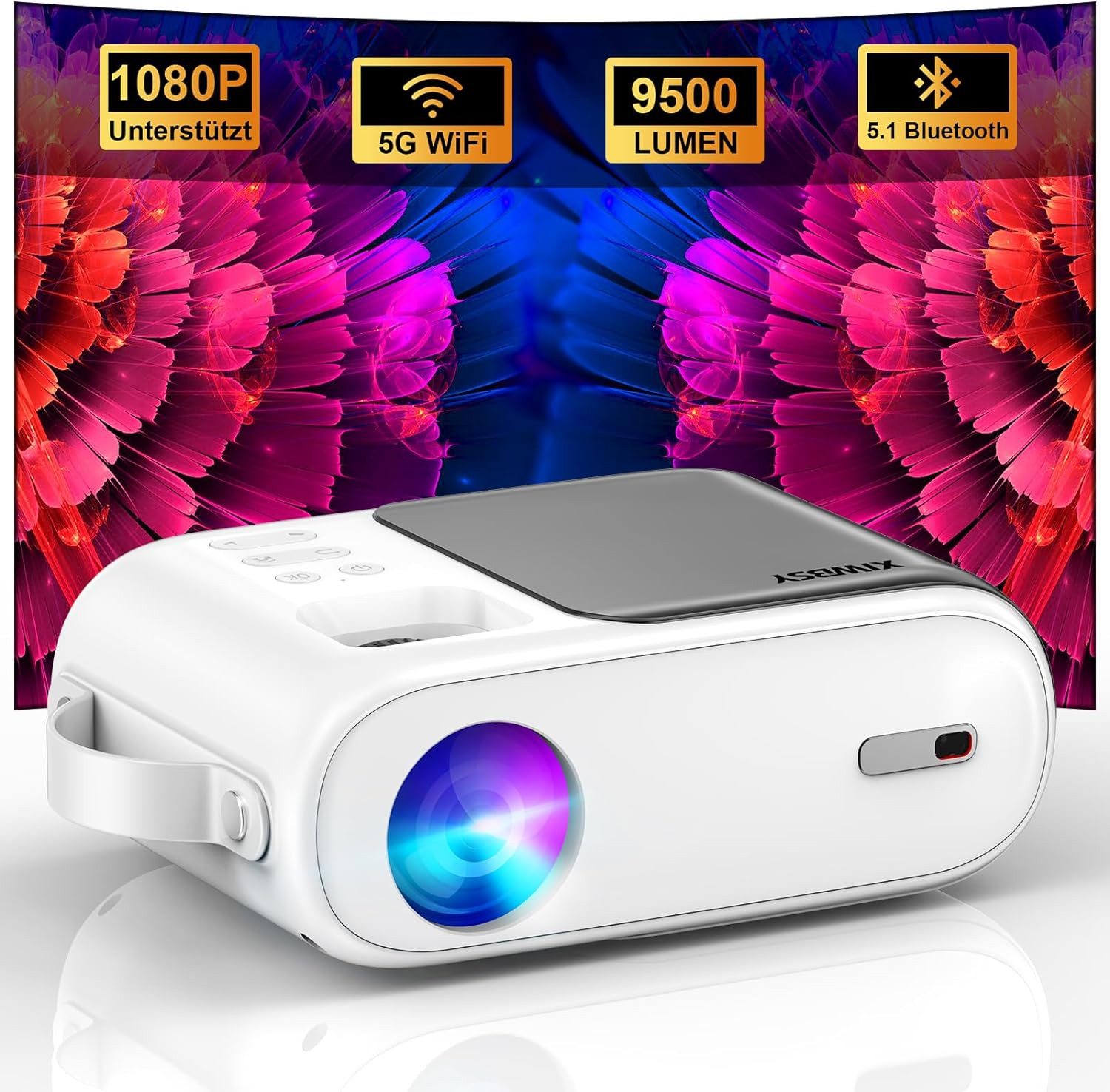 XIWBSY Mini 5G WiFi Bluetooth Full HD, 1080P unterstützt Portabler Projektor (9500 lm, 10000:1, 1280 x 720 px, Fur Heimkino Kompatibel mit TV Stick/X-Box/DVD/Laptop/Smartphone)
