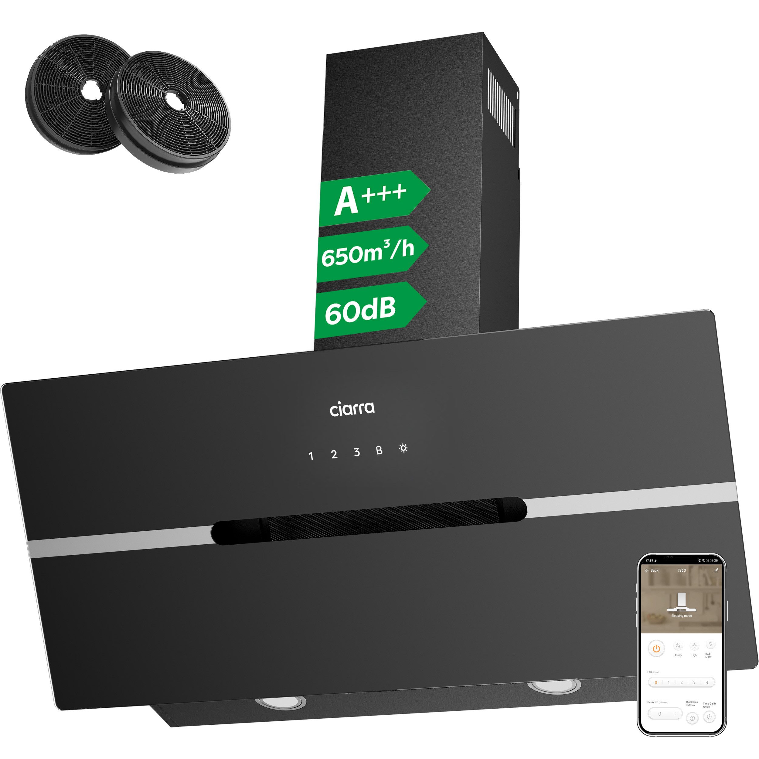 CIARRA Kopffreihaube 90 cm A+++ 650 m³/h Schräghaube leise Umluft & Abluft LED VMB9736F 90 cm A+++ 650 m³/h Schräghaube leise Umluft & Abluft LED VMB9736F, Kopffrei Dunstabzugshaube WIFI-APP Touch Control Inkl. BOOST 4 Stufen