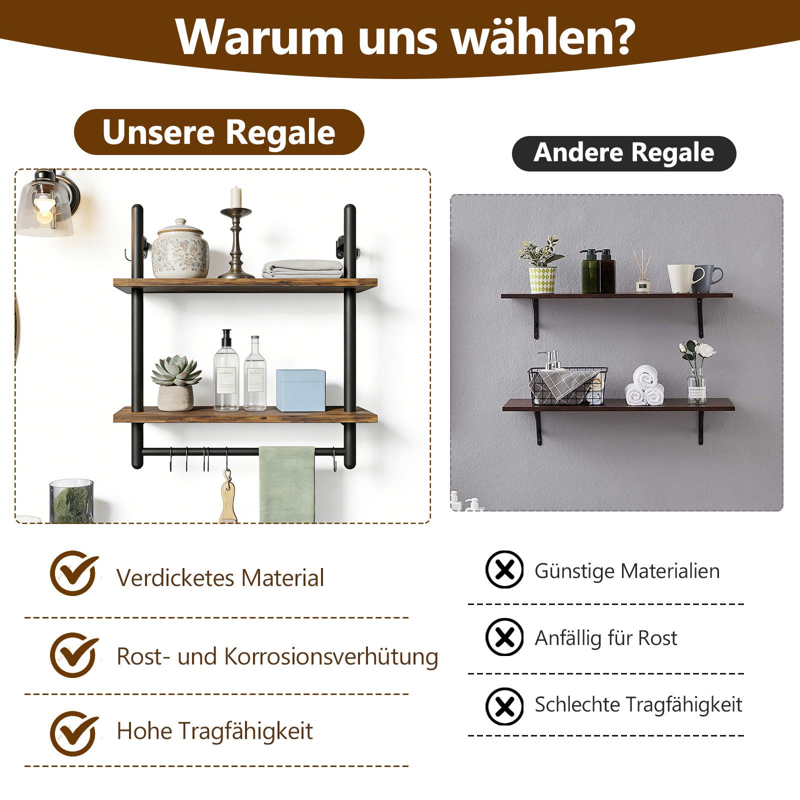 BlingBin Wandregal 2-stufiges schwebendes Rohrregal, Küchenregal mit Rundrohr und Haken, Industrial Regal 1-tlg., Schweberegal, Gewürzregal, Holzregal für Dekoration und Aufbewahrung