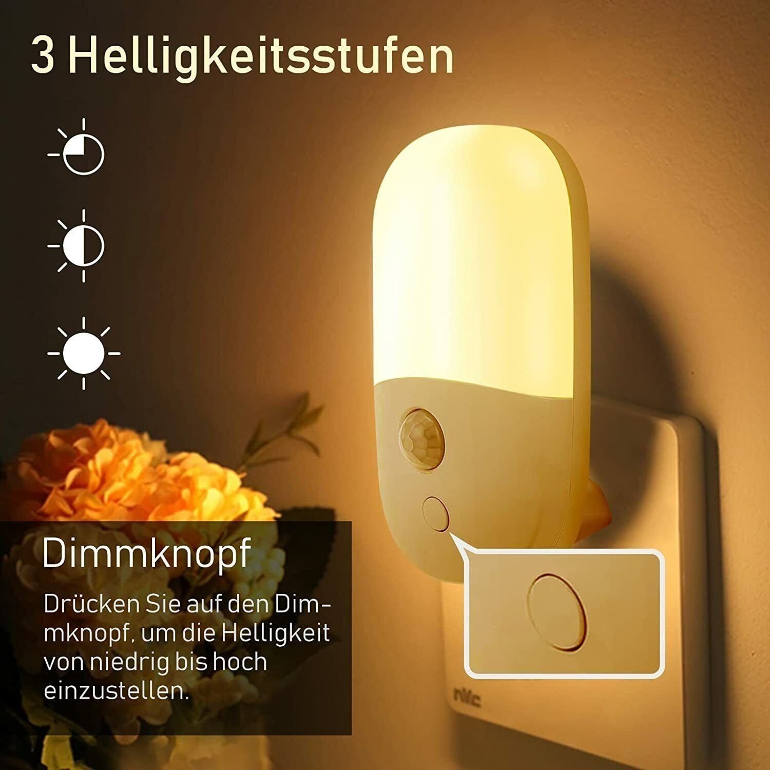 iscooter Nachtlicht 1/2 Stück LED Nachtlicht Steckdose Bewegungsmelder  Treppen-Leuchte, LED fest integriert, WarmWeiß, Helligkeit Einstellbar  Orientierungslicht,Steckdosenlicht