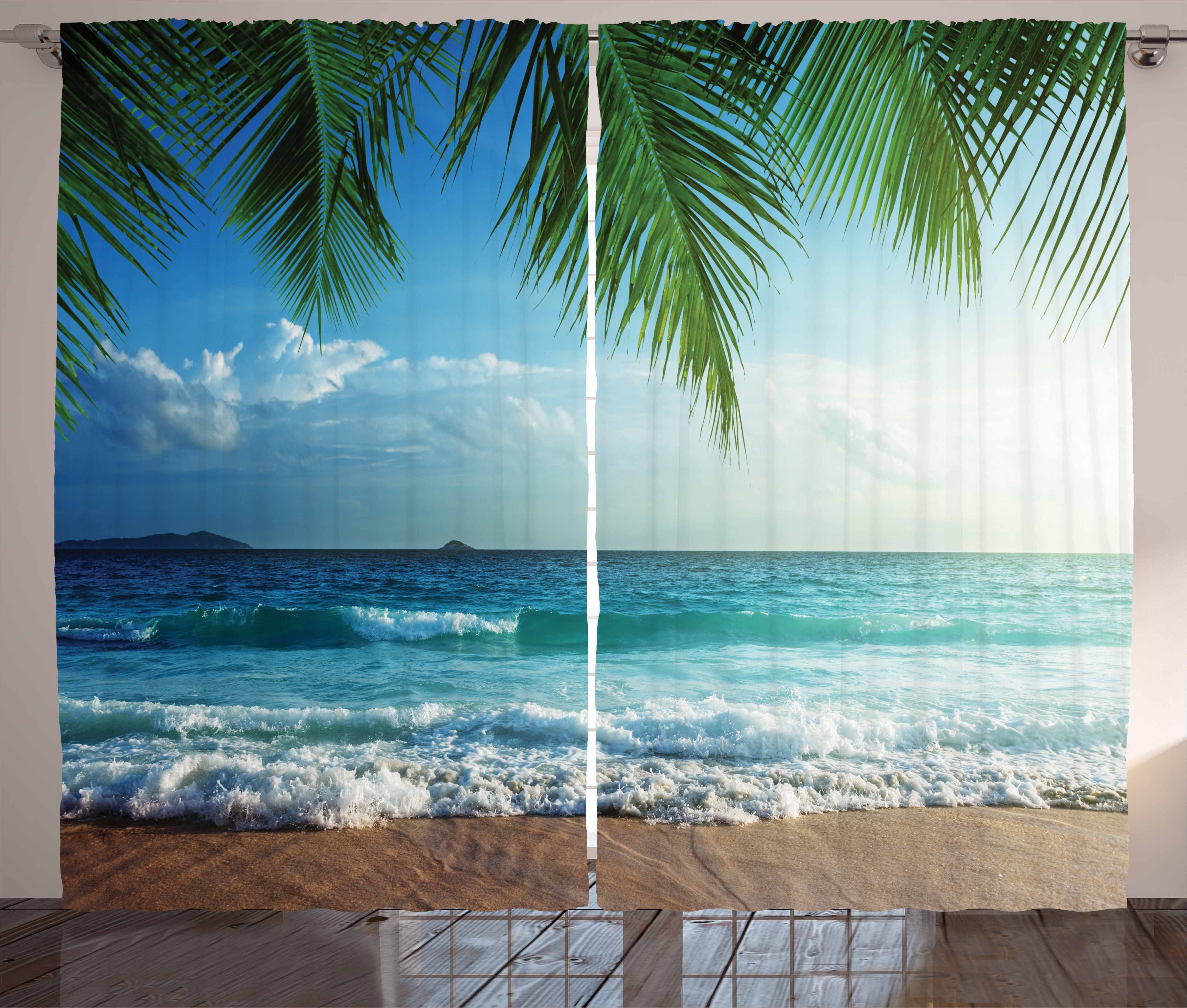 Gardine Schlafzimmer Kräuselband Vorhang mit Schlaufen und Haken, Abakuhaus, Ozean Palmen Tropical Island | Fertiggardinen