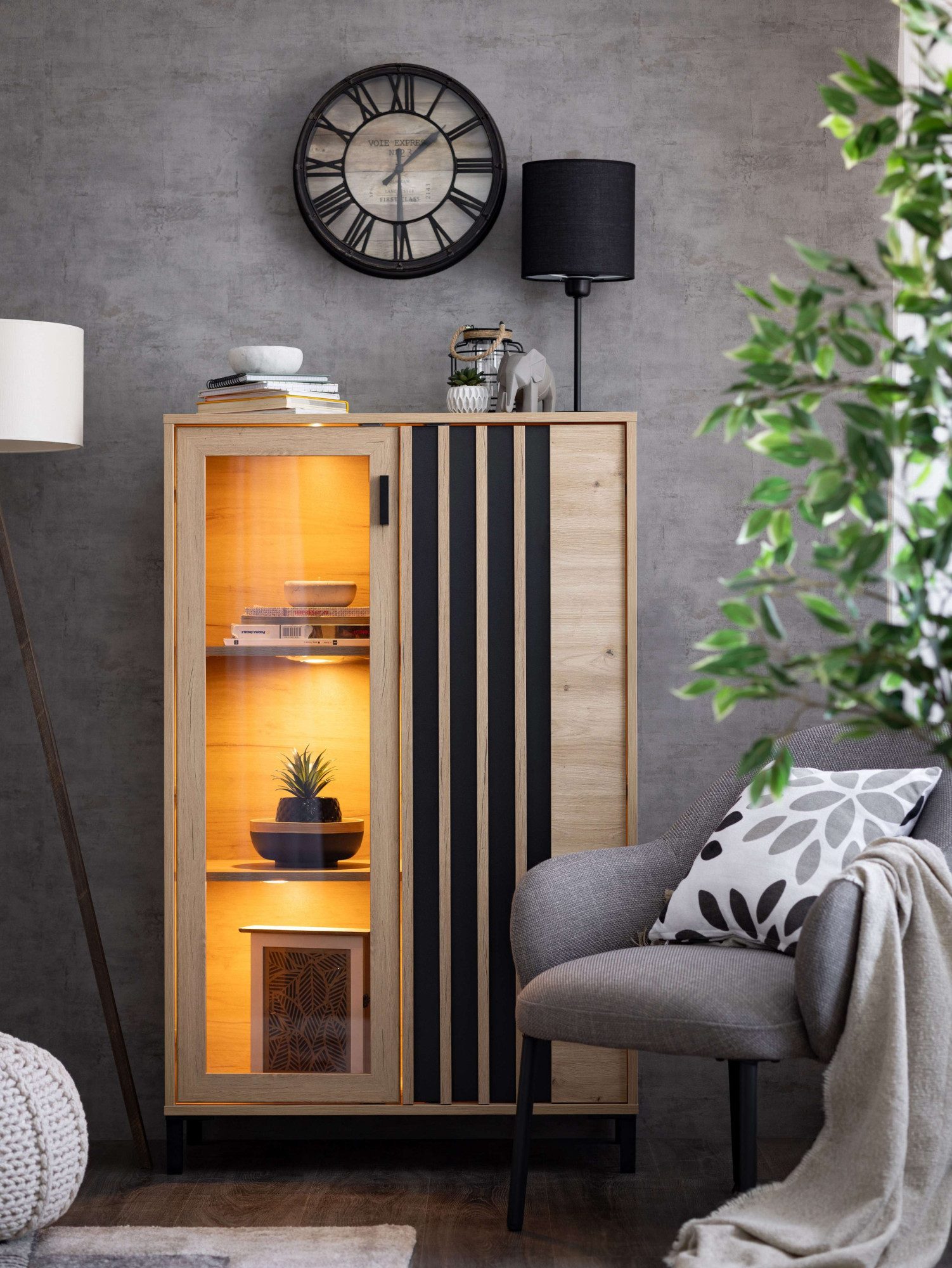 Home affaire Highboard LAVAL, Hochkommode, Vitrine, Glasvitrine, Kombi-Highboard, Modernes Highboard in Artisan-Dekor mit Glasfront & Lamellen-Optik