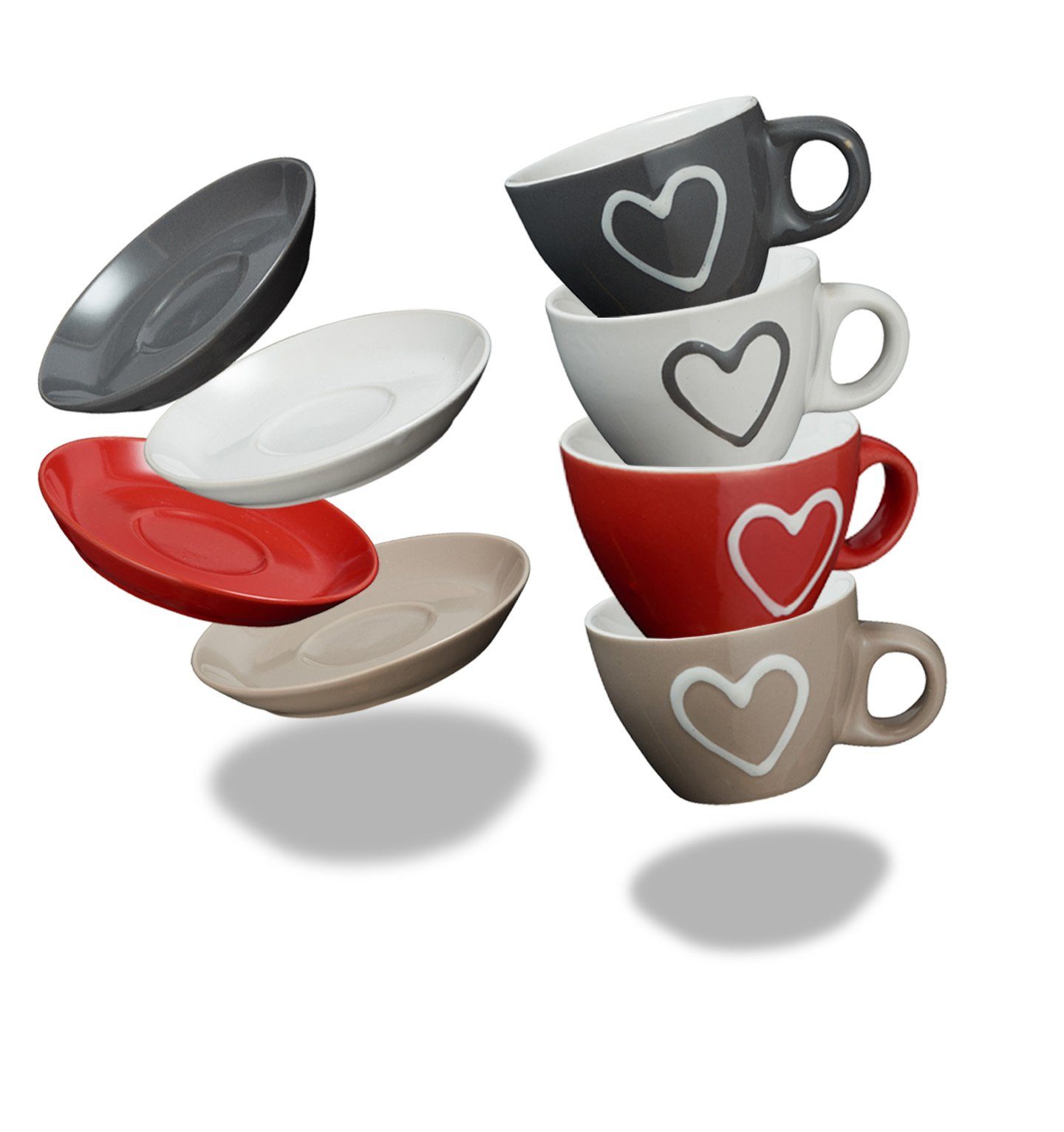 matches21 HOME & HOBBY Tasse Moderne Keramik Espresso-Tassen 4er Set beige weiß rot grau 50 ml, Keramik, Kleine Landhaus-Stil Vintage Henkel Herz Kaffee-Tassen mit Untertassen
