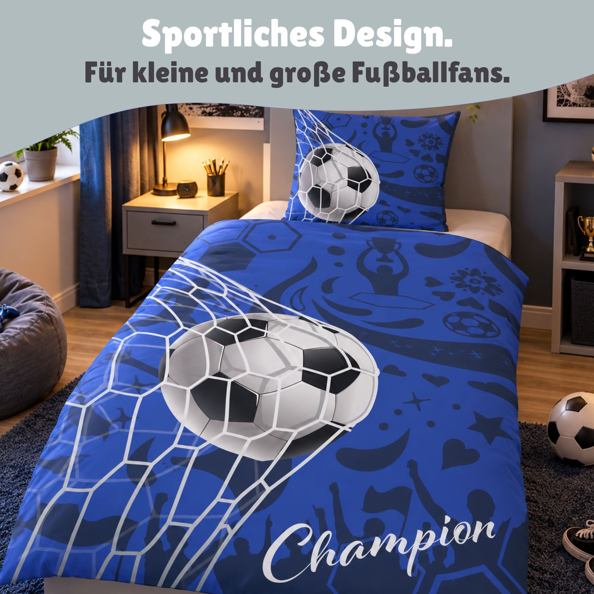 Familando Kinderbettwäsche Fußball, Set 135x200 80x80 cm, 100% Baumwolle, Reißverschluss, Renforcé, 2 teilig, mit Schriftzug und Wendeseite – Bild 3 von 5