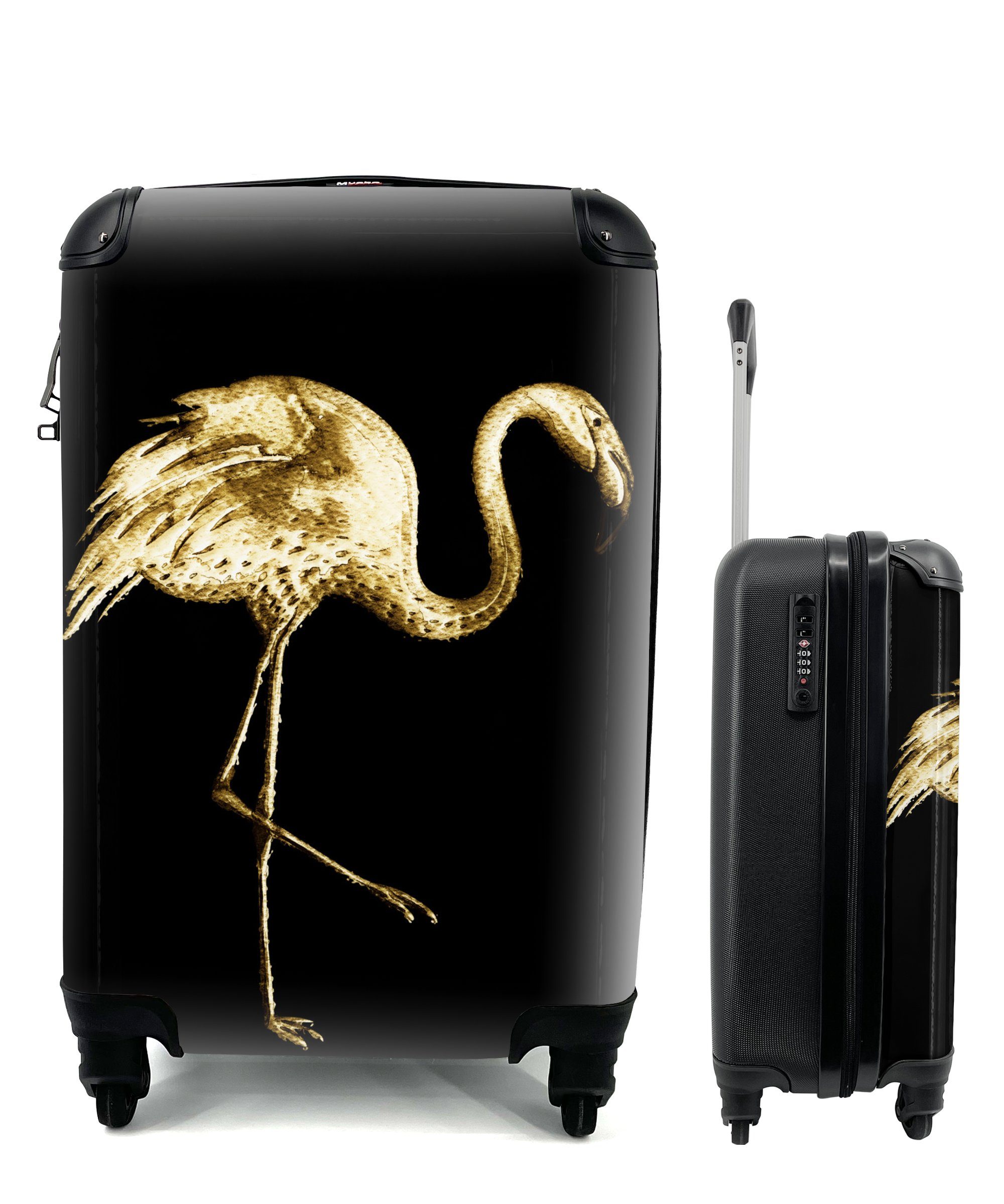 MuchoWow Handgepäckkoffer Gold - Flamingo - Schwarz, 4 Rollen, Reisetasche mit rollen, Handgepäck für Ferien, Trolley, Reisekoffer