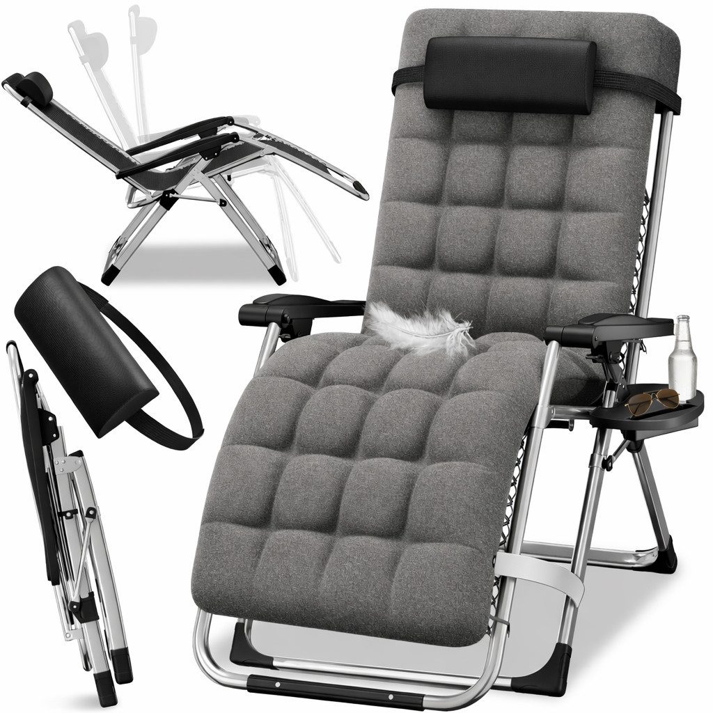 ELONEO Gartenliege mit extra dicker Auflage inkl. Nackenkissen & Getränkehalter, 1 St., Sonnenliege klappbar, 3-stufig verstellbar, bis 200 kg