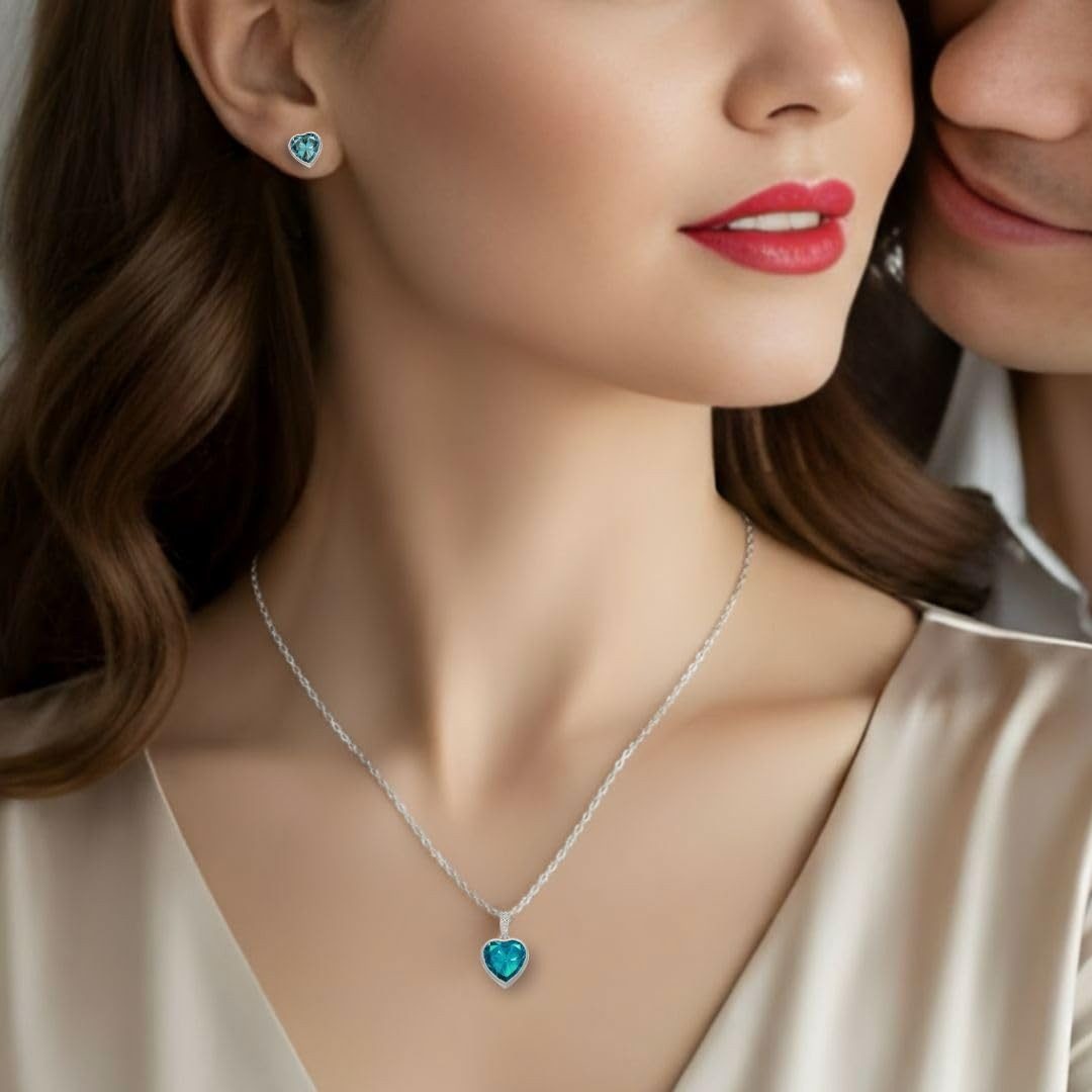 LOVENEST Ohrring und Ketten Set Schmuck Set Silber925/Rot & Aquamarin Zirkonia Kette Ohrringe (3-tlg., Weihnachten, Geburtstag, Hochzeitstag)