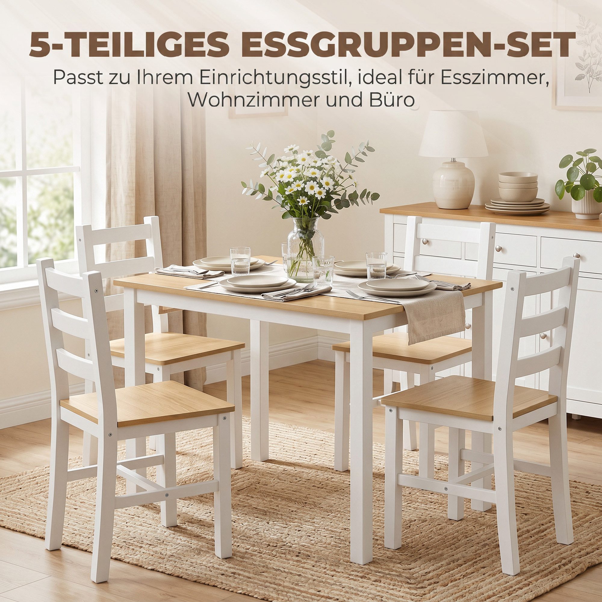 HOMCOM Essgruppe Esstisch mit 4 Stühlen aus Massivholz, (Set, 5-tlg., 1 Tisch, 4 Stühle), Platzsparendes Set, Stühle unterschiebbar – Bild 4 von 5