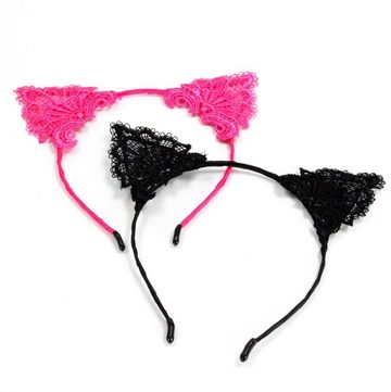 ZADAWERK Haarreif Cat Ohren aus Spitze, Accessoire Katzenkostüm, 2-tlg., Pink & Schwarz, Haarschmuck, für JGA, Ladies Night u.v.m.