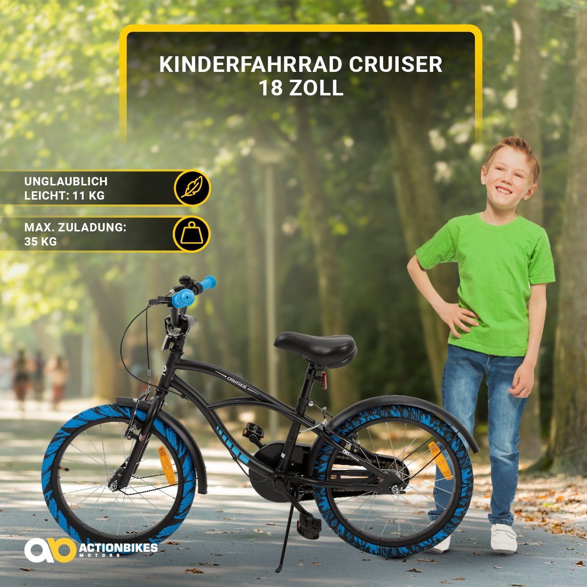 ohne Jungen Motors / schwarz Kinderrad 5 Gang, ab max. Zoll Jahre, 1-tlg., 18 35 Mädchen (Trapez-Rahmen, Fahrrad Katzenaugen, cm Zuladung Bike Cruiser Fahrradständer), ab Schaltung, Kinder V-Brake-Bremsen, schwarz/blau 110 - kg, Actionbikes Kettenschutz, blau, höhenverstellbares Klingel, Reflektoren, 1 Kinderfahrrad