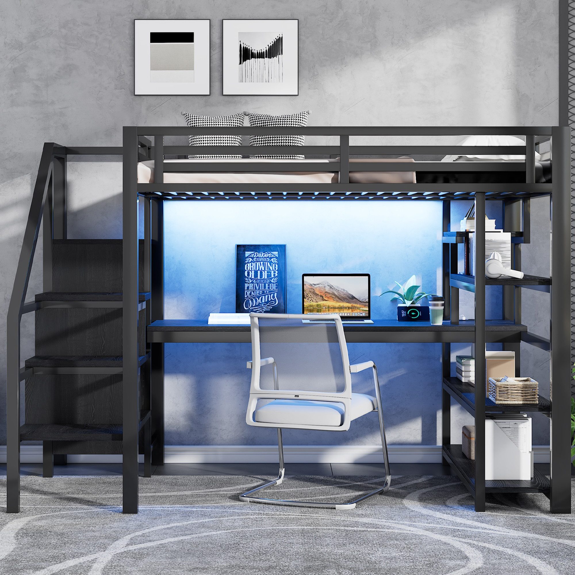 REDOM Hochbett Stauraumbett,Kinderbett (Metall-Hochbett mit Treppe und Stauraum Schwarz, 1-St., 140x200cm)