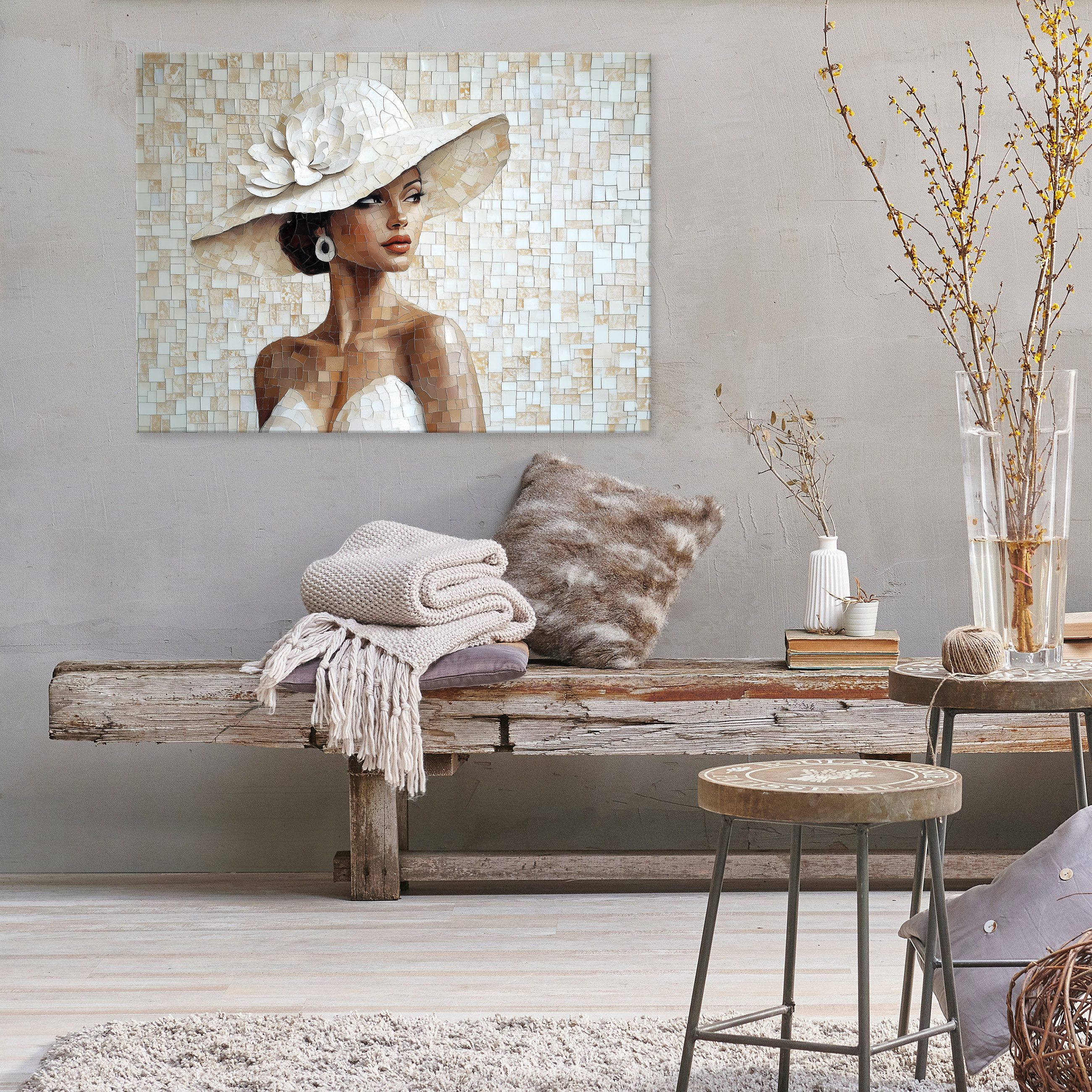 Wallarena Leinwandbild Frau Hut Weiß Elegant Modern Wandbilder Wand Deko XX günstig online kaufen