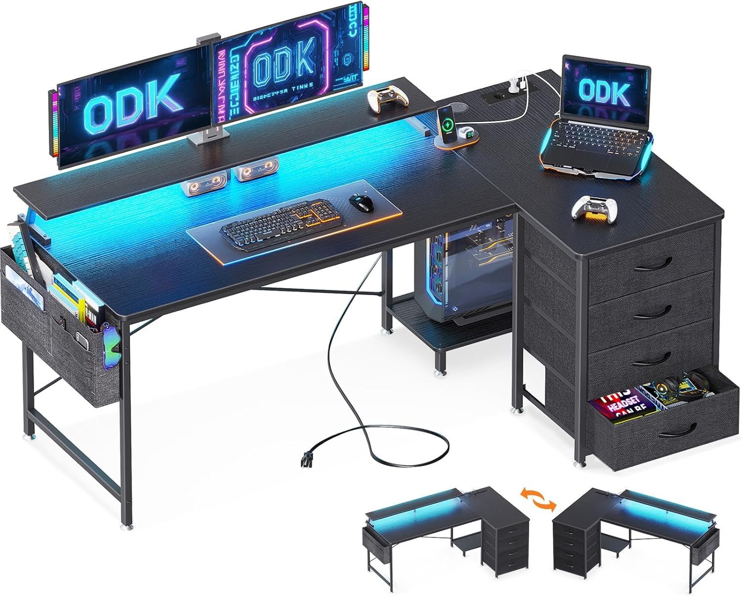 ODK Eckschreibtisch ODK Eckschreibtisch mit 4 Schubladen, Steckdosen & USB-Anschluss