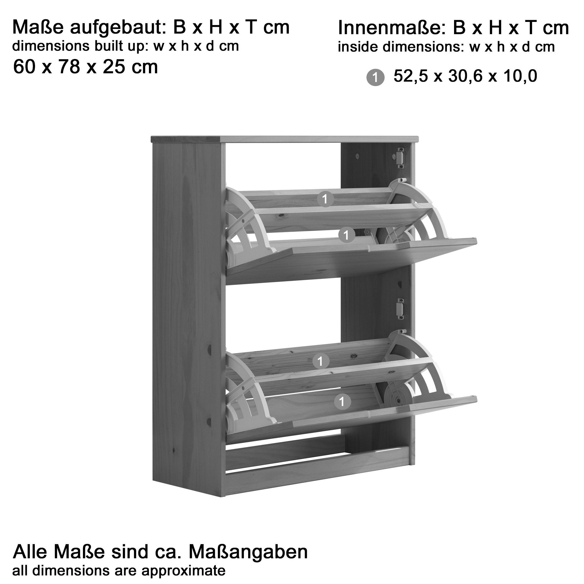 aus Massiv 60x81x25 in Honigfarben Schuhkipper möbelando Medford (BxHxT: I cm), Kiefer