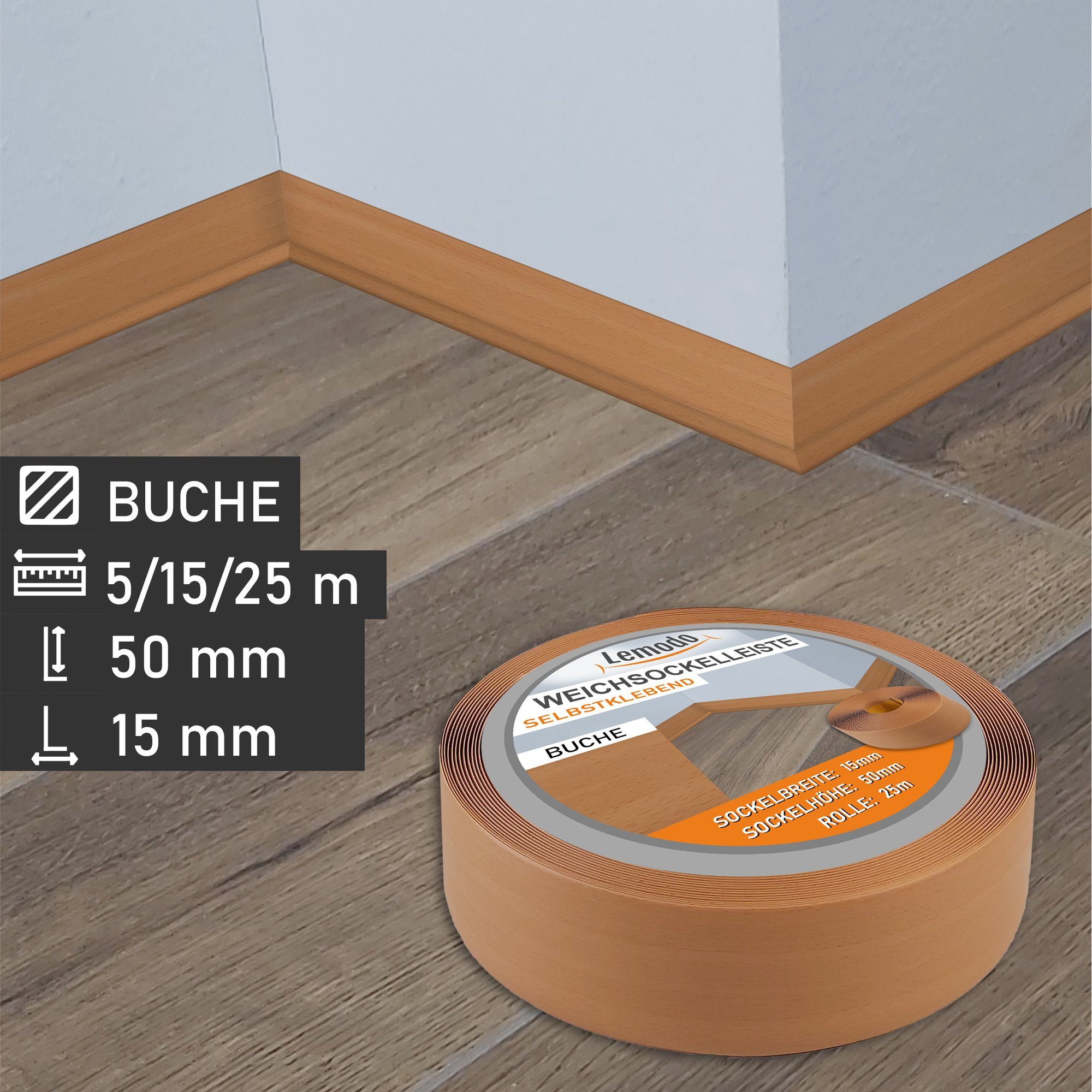 Lemodo Sockelleiste Weichsockelleiste selbstklebend, L: 500 cm, 1-St., Weichsockelleiste, Winkel, 50mm, flexibel, selbstklebend