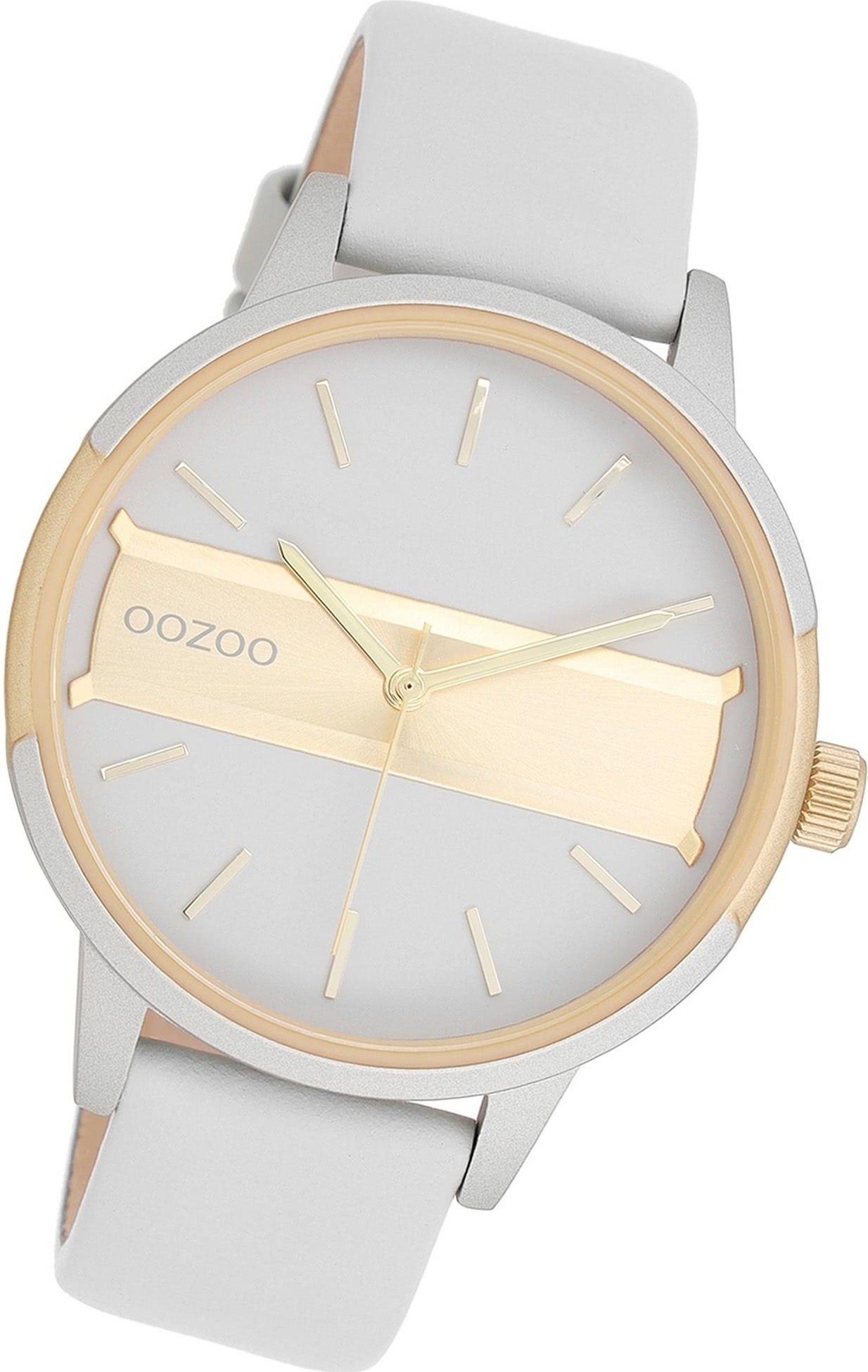 OOZOO Quarzuhr Oozoo Damen Armbanduhr Timepieces, Damenuhr Lederarmband grau, rundes Gehäuse, groß (ca. 42mm)