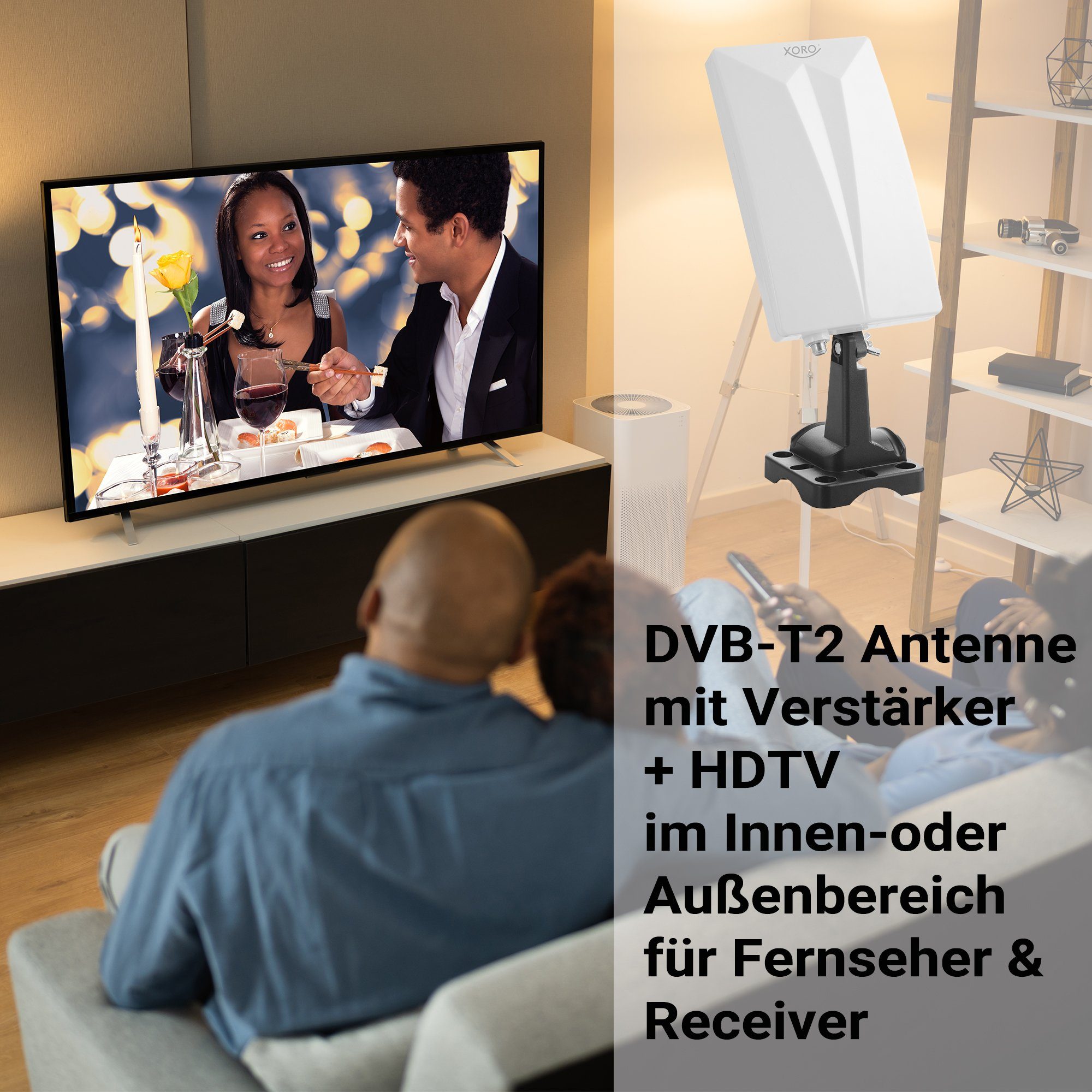 Xoro HAN 600 DVB-T2 Antenne mit Verstärker LTE Filter für Innen/Außen Innenantenne (DVB‑T2, FM, VHF, UHF, DAB, DAB+, für Innenbereich, Außenbereich, Verstärkung: 20 dB), Aktive DVB‑T2 Antenne mit LTE‑ und Rauschfilter, innen & außen nutzbar
