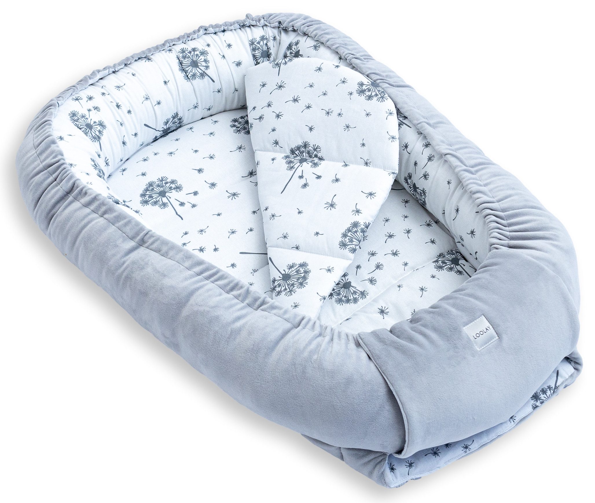 Loolay Kuschelnest BABYNEST + Matratze Premium Babyausstattung - Baumwolle & Samt Velours, (MUSTER: GRAU Samt Velour/ Pustelblume Weiß, 2-tlg., Liebevoll handgefertigt Nestchen! Geborgenheit Komfort für Neugeborene), Premium Ausstattung - 100% Europäische