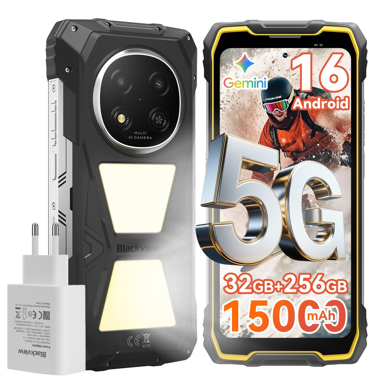 blackview ROCK 2 Pro 5G, 15000 mAh, 400 Lm Campinglicht incl. 45W Ladegerät Smartphone (16,94 cm, 256 GB Speicherplatz, 13 MP Kamera, Campinglicht, SOS-Modus, OTG Reverse Charging, Glove Mode, 33W)