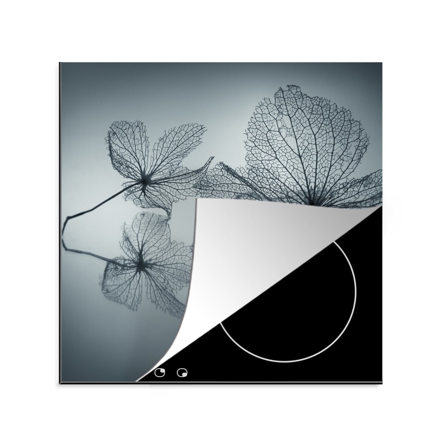 MuchoWow Herdblende-/Abdeckplatte Stilleben - Blätter - Schwarz - Weiß, Vinyl, (1 tlg), 78x78 cm, Ceranfeldabdeckung, Arbeitsplatte für küche