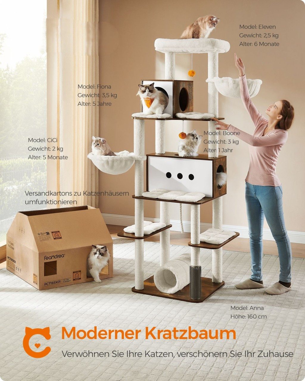 FEANDREA Kratzbaum Katzenbaum, mehrstöckiges Katzenhaus, 192 cm, XXL, 2 Höhlen, 2 Liegemulden, 4 Kratzstämmen, Katzenbürste, Tunnel