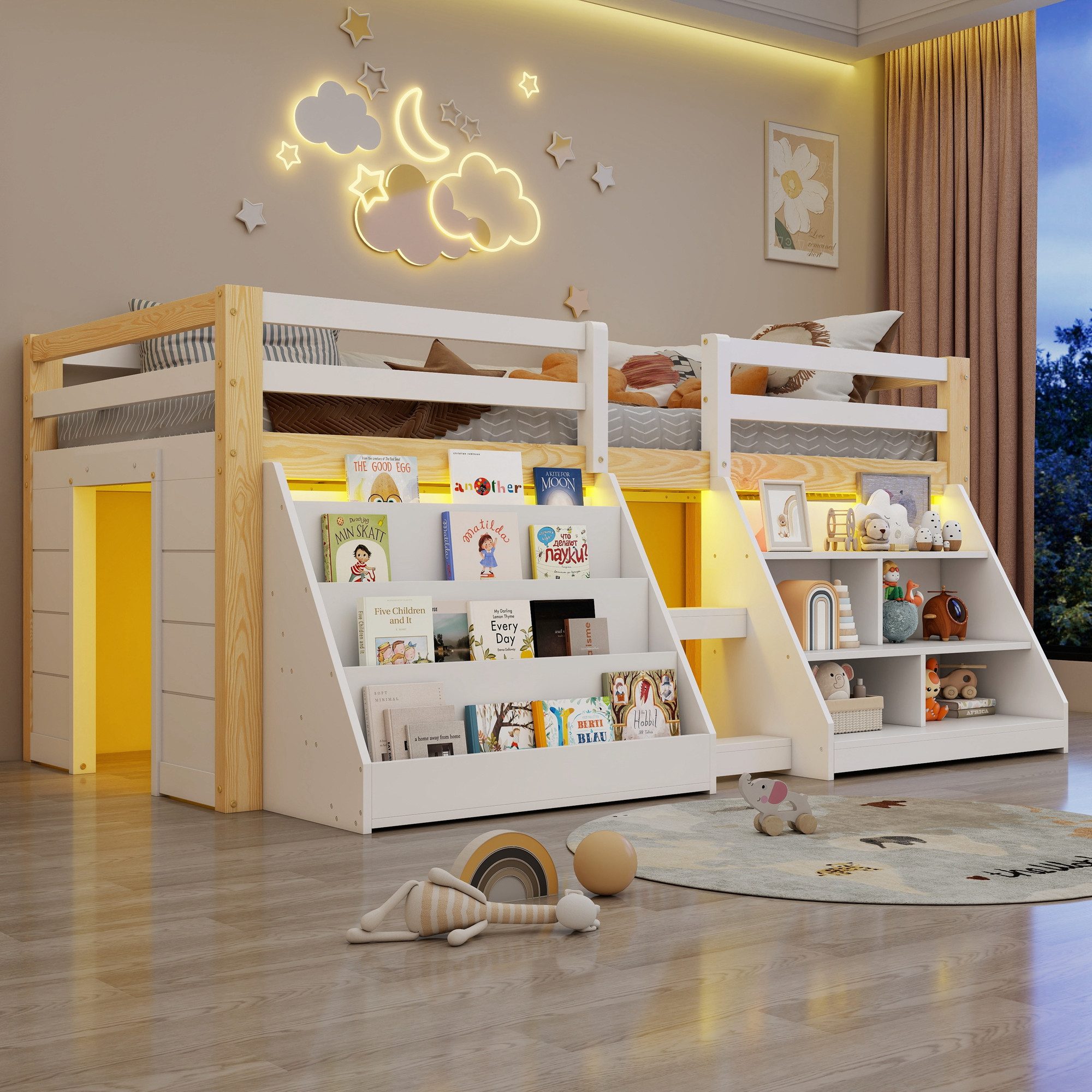 Flieks Hochbett Kinderbett Halbhochbett Holzbett 90x200cm mit 2 Stauraumregal und LED