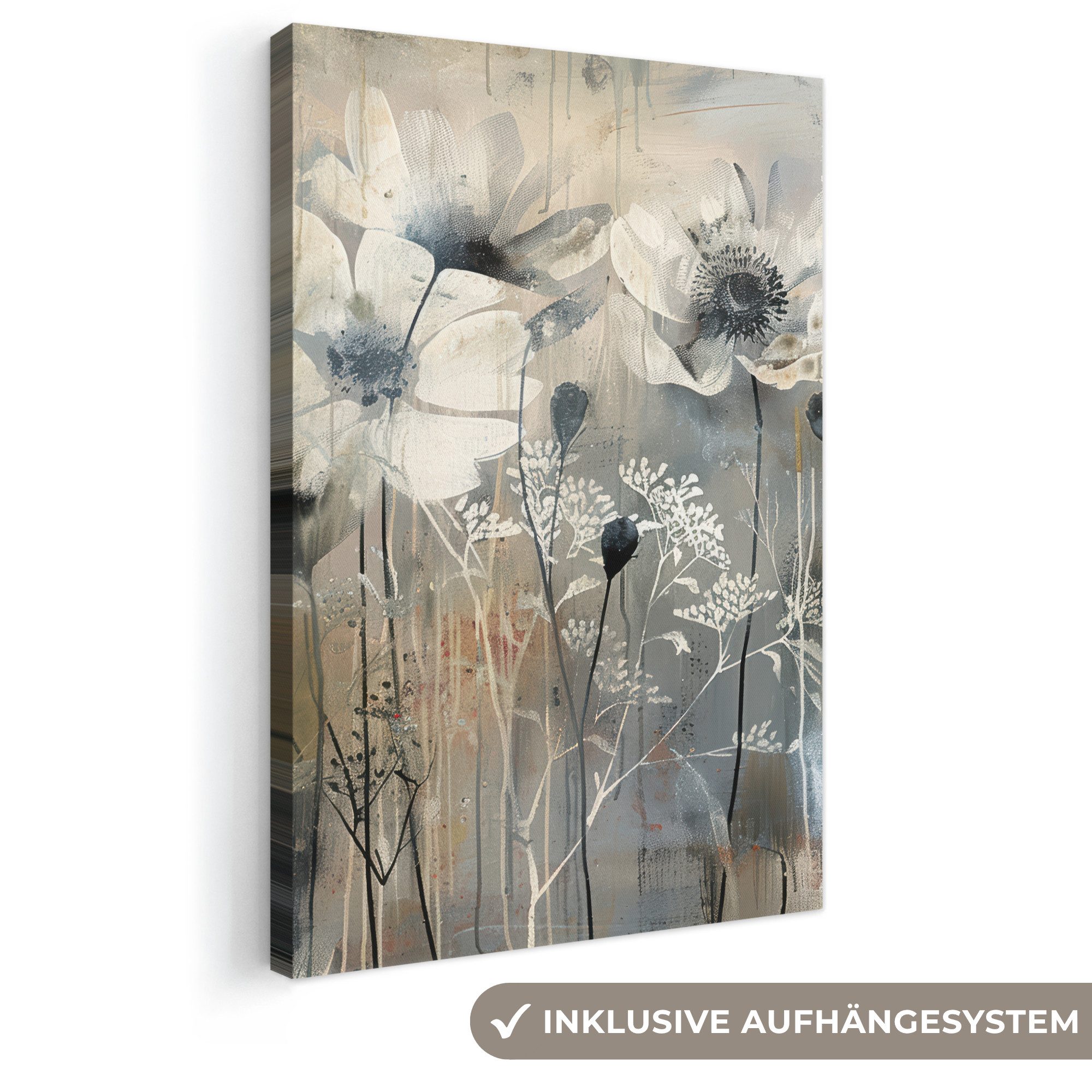 OneMillionCanvasses® Leinwandbild Blumen - Pflanzen - Grau - Abstrakt, Fotodruck (1 St), Leinwand Canvas Wandbild, Wanddekoration 20x30 cm