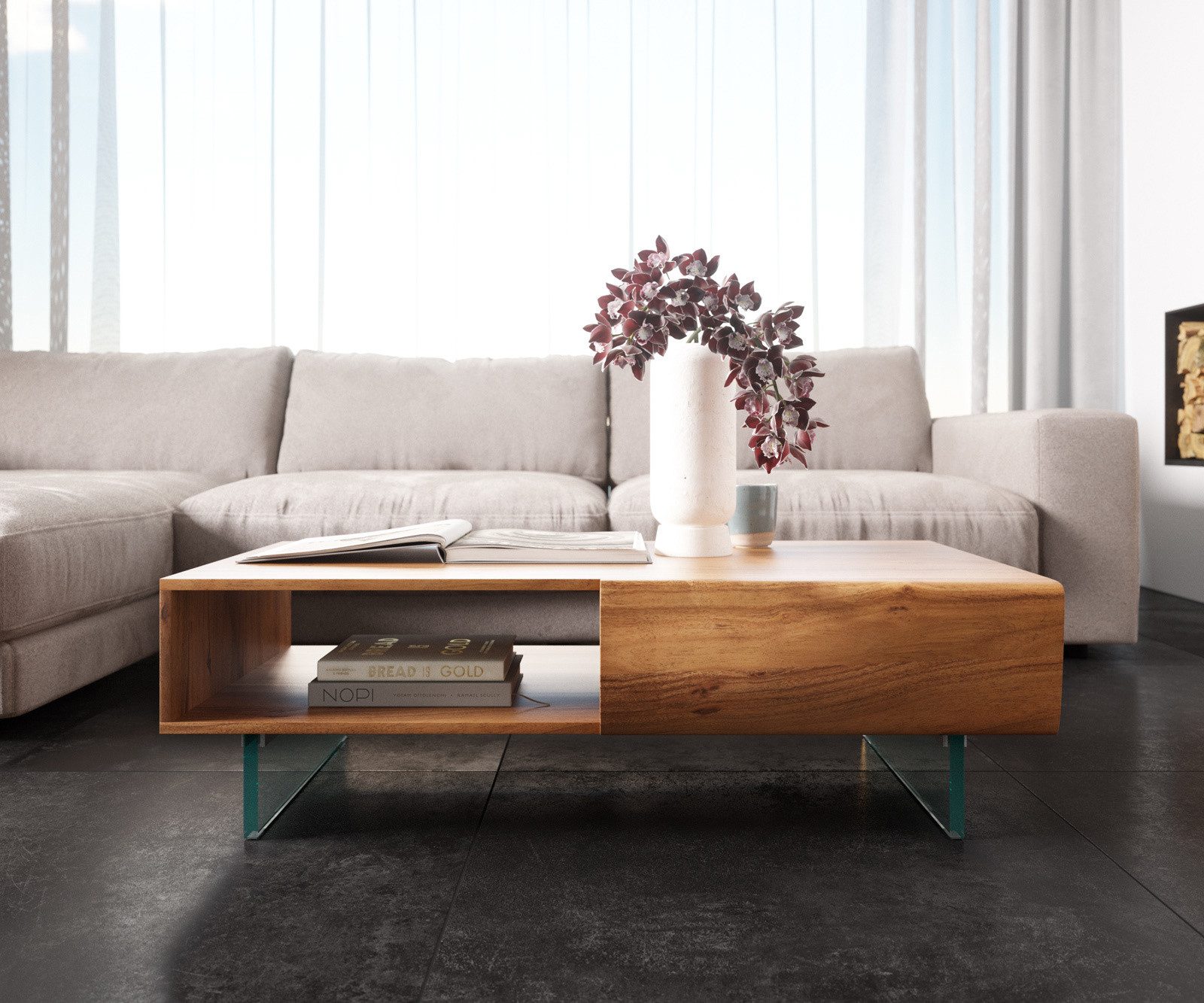 DELIFE Couchtisch New, Live-Edge Akazie Natur 115x60 cm 2 Schubladen 1 Fach Glasfuß