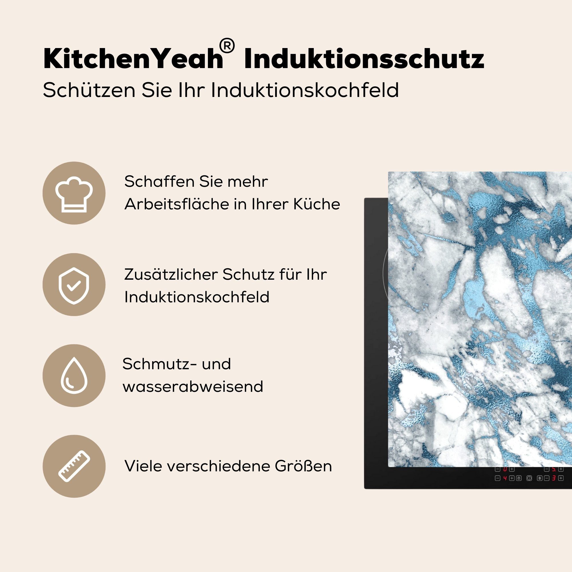 Luxus Silber 81x52 tlg), küche, Induktionskochfeld (1 die MuchoWow - Blau, Vinyl, für Marmor - cm, Schutz Ceranfeldabdeckung Herdblende-/Abdeckplatte -