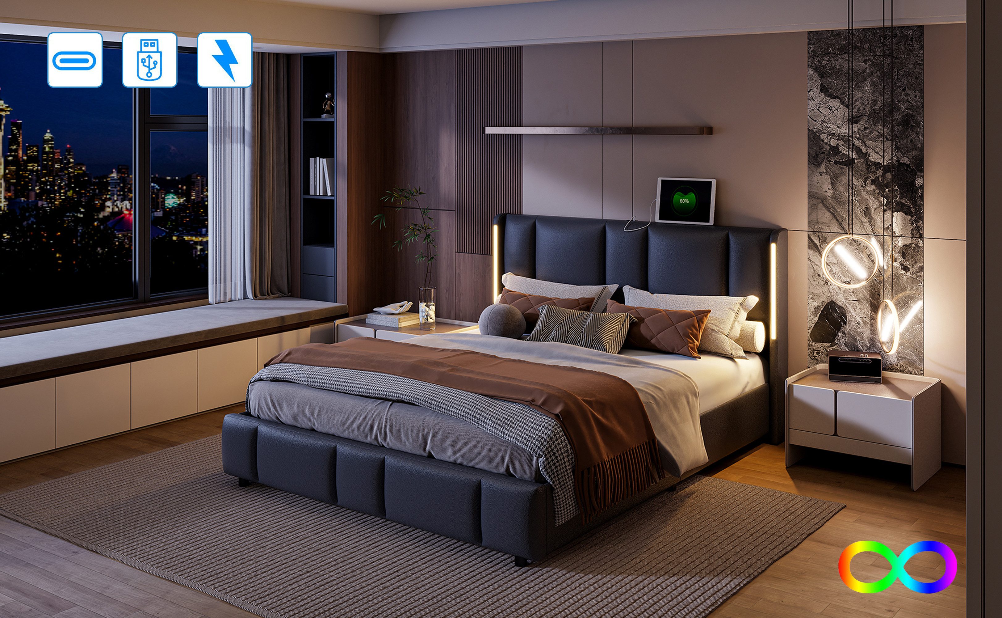 Furnishings Home Polsterbett Stauraumbett Doppelbett LED (TYPE-C + USB, Hyd günstig online kaufen