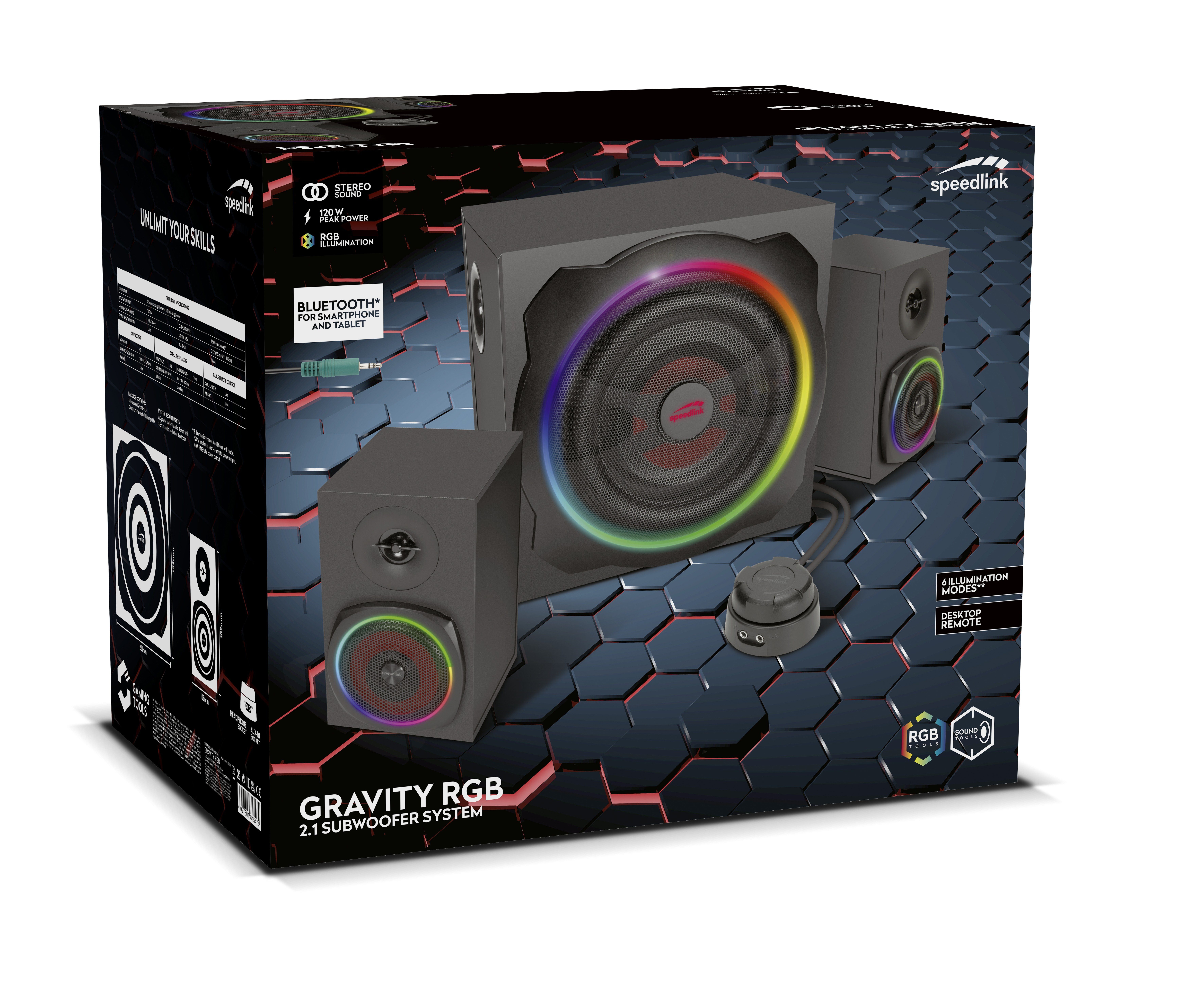 Speedlink GRAVITY LT RGB Subwoofer System aus Holz mit Bluetooth 2.1 Soundsystem 2.1 (40 W RMS, 80 W Spitzenleistung, 3,5mm Klinke, RGB-Tischfernbedienung)