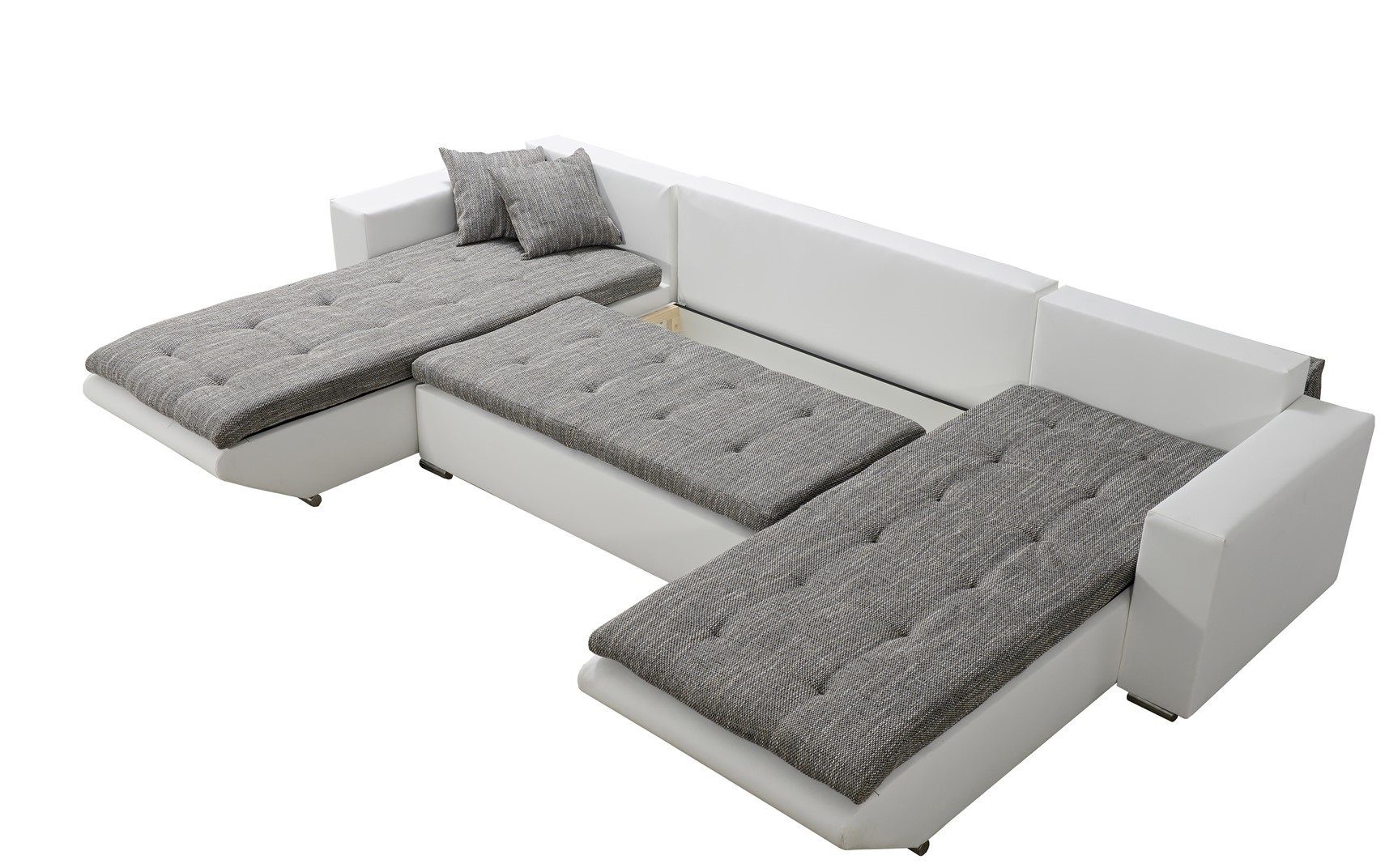 Fun Möbel Wohnlandschaft Wohnlandschaft Sofa inkl. NINO Zierkissen Weiß-Grau Mit und mit Bettkasten Rückenkissen, Schlaffunktion, XL