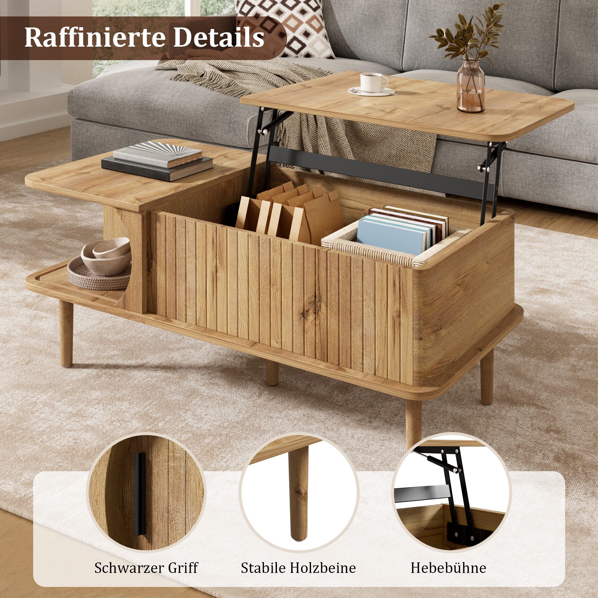 Merax Couchtisch höhenverstellbar Sofatisch Walnuss Retro Beistelltisch (100 x 48 x 55,5 cm, 1-St), Wohnzimmertisch mit Schiebetür, Holzbeinen & Stauraum – Bild 4 von 5