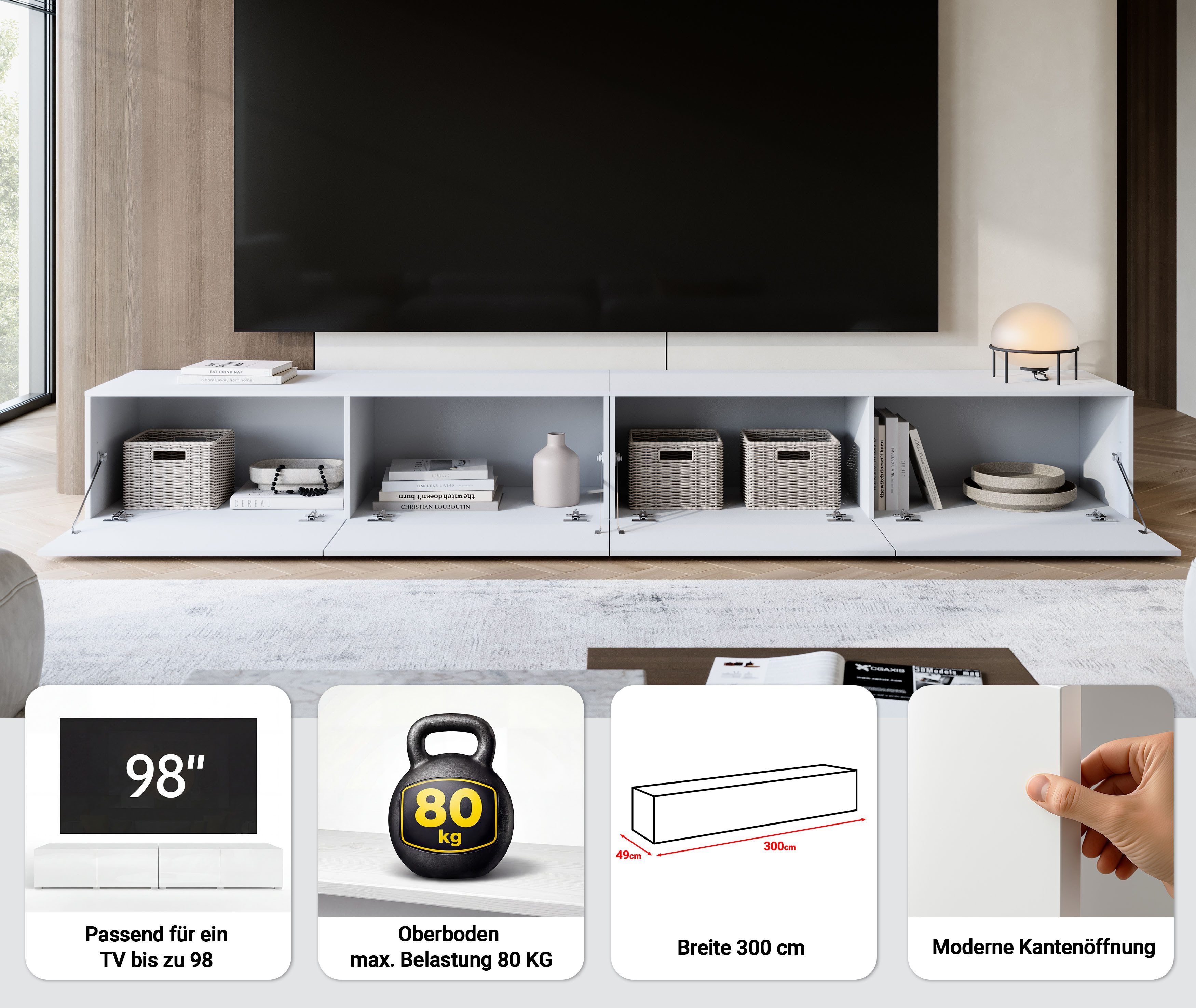 OTTO home Lowboard Denver Erlebe die Weltmeisterschaft im XXL-Format, Elegantes TV-Möbel 300 cm, speziell für bis zu 98-Zoll Fernseher