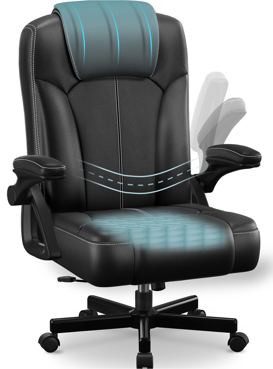 Homimaster Bürostuhl Ergonomischer Bürostuhl mit 90° Klapparmlehnen (Verstellbare Rückenlehne & hoher Sitzkomfort, Schreibtischstuhl mit 90-120° Neigungsfunktion & Lendenwirbelstütze), bis 150 kg belastbar