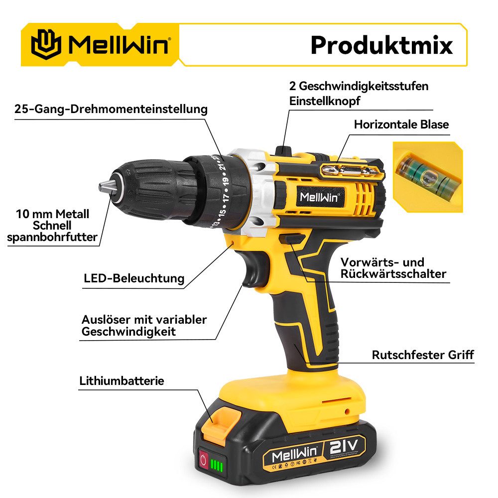 MELLWIN Akku-Bohrschrauber Akkuschrauber 45 Nm mit 2 Akkus, Schlagbohrschrauber 25+3 Stufen, max. 1500 U/min, (34-tlg), mit 10mm Bohrfutter für Haus & DIY