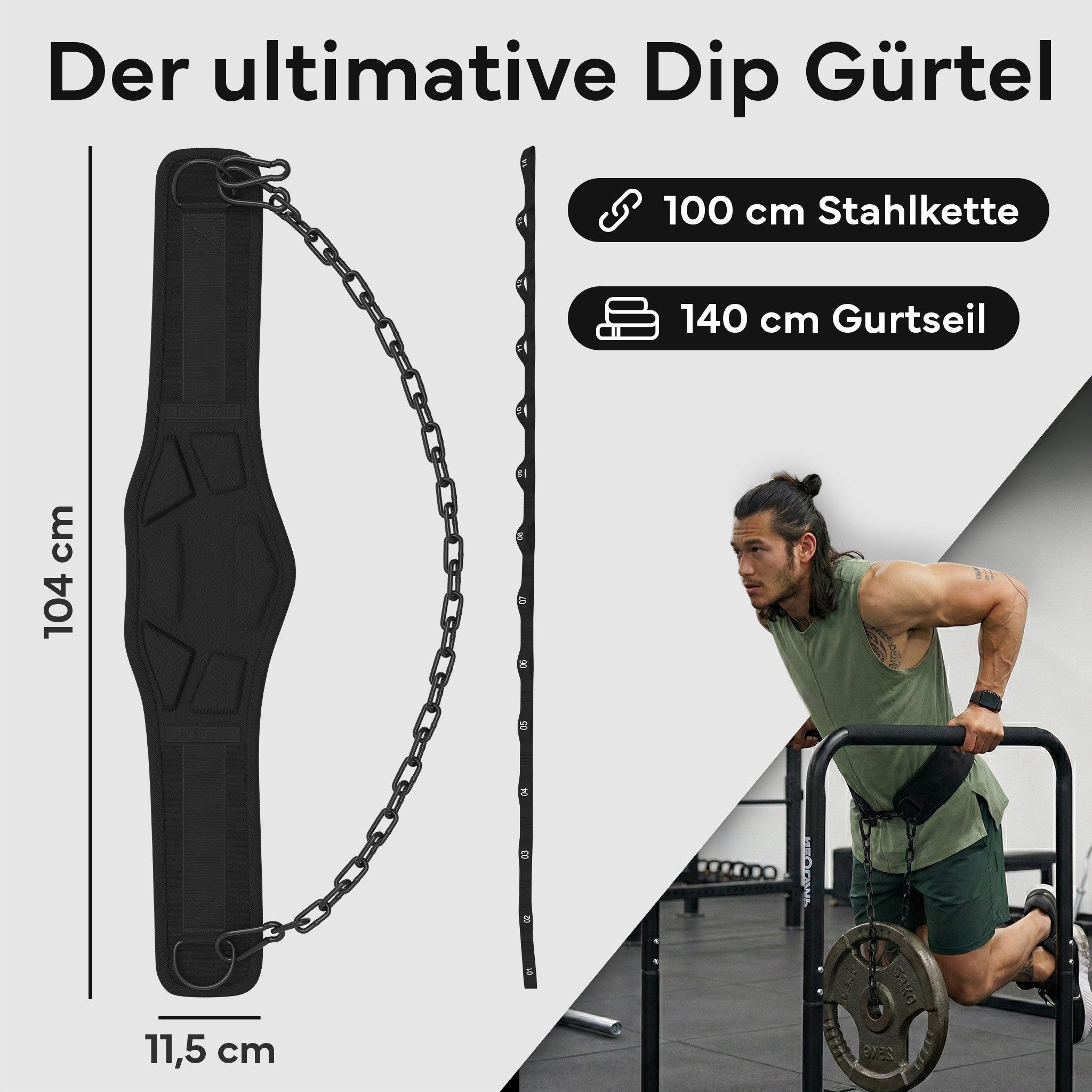 NEOLYMP Dip-Gürtel Dip Gürtel mit Kette, Gurt & 3 Karabinern für Krafttraining Karabiner-System, Kette und Schlaufengurt, ergonomische Rückenform