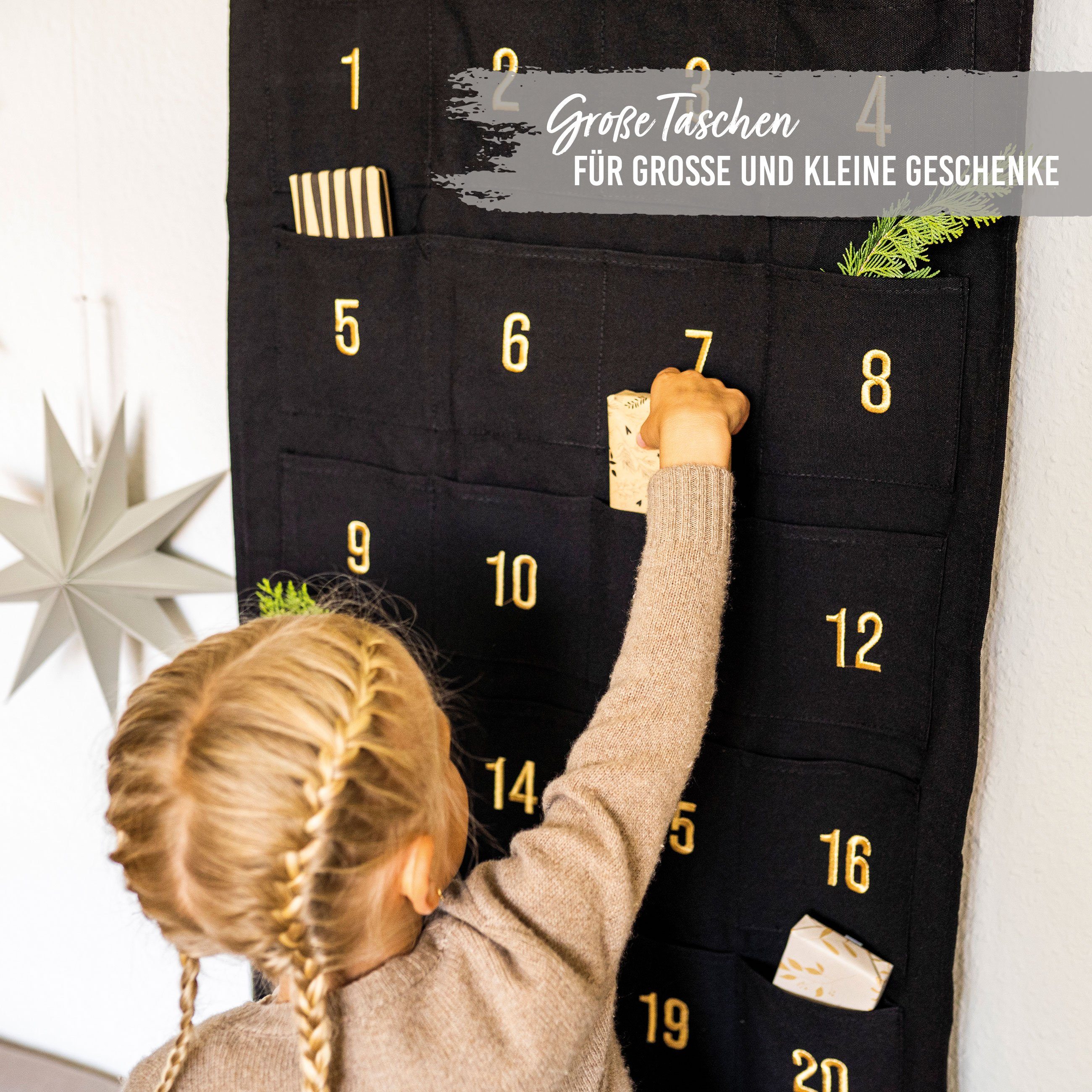 PAPIERDRACHEN befüllbarer Adventskalender Adventskalender Wandteppich aus Stoff zum Befüllen-hochwertig bestickt – Bild 5 von 5