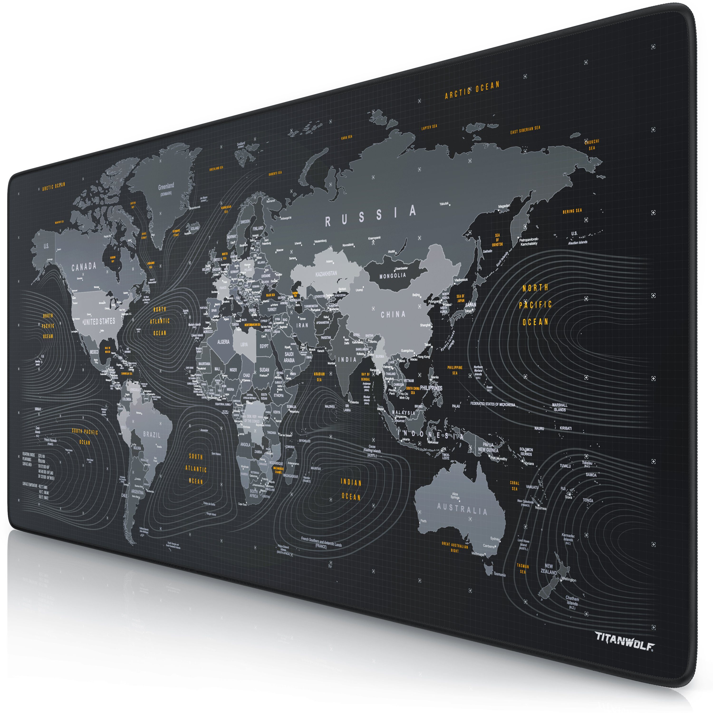 Titanwolf Gaming Mauspad XXL Speed Mousepad 900 x 400 x 3 mm, große Tischunterlage (1-St), rutschfest, abwaschbar, Geschwindigkeit & Präzision, Globus I