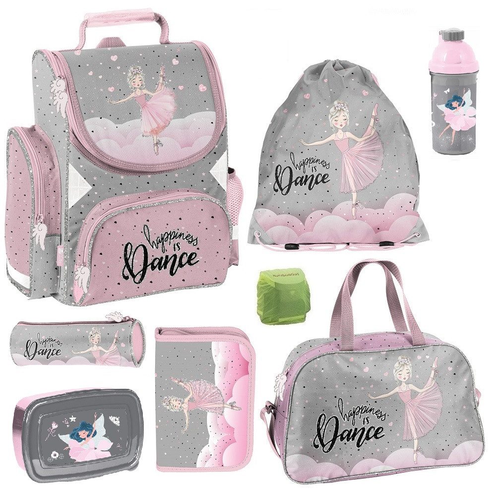 Familando Schulranzen 1. Klasse; ergonomischer Tornister (Set, 8-tlg., inkl. Federmappe, Lunch-Set und Sporttasche), Rosa Mädchen Schultasche Ballerina Ballett Tänzerin