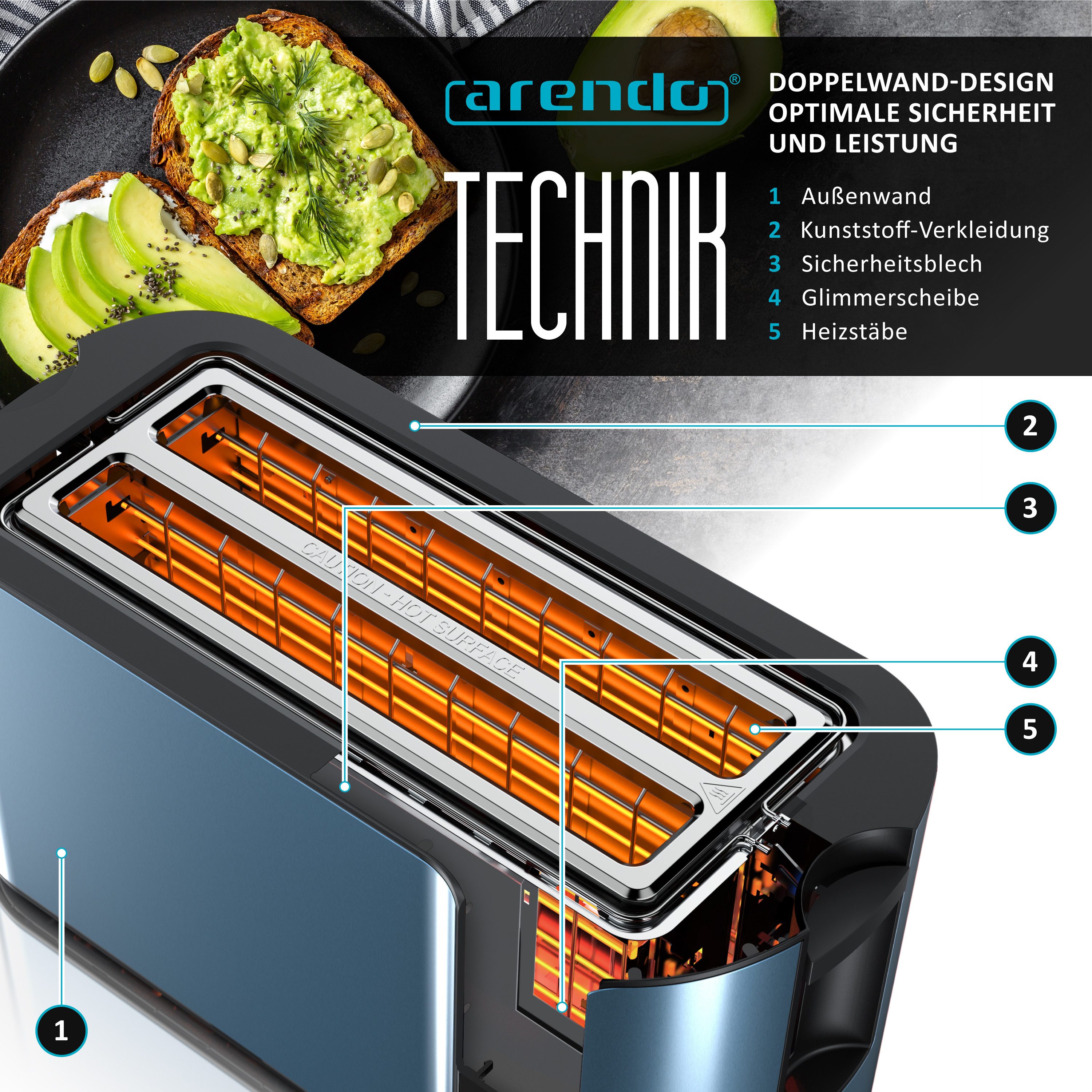 Arendo Toaster Wärmeisoliertes Doppelwandgehäuse, Display mit Restzeitanzeige, 2 lange Schlitze, für 4 Scheiben, 1500 W, Langschlitz, Touchpanel, Brötchenaufsat – Bild 5 von 5