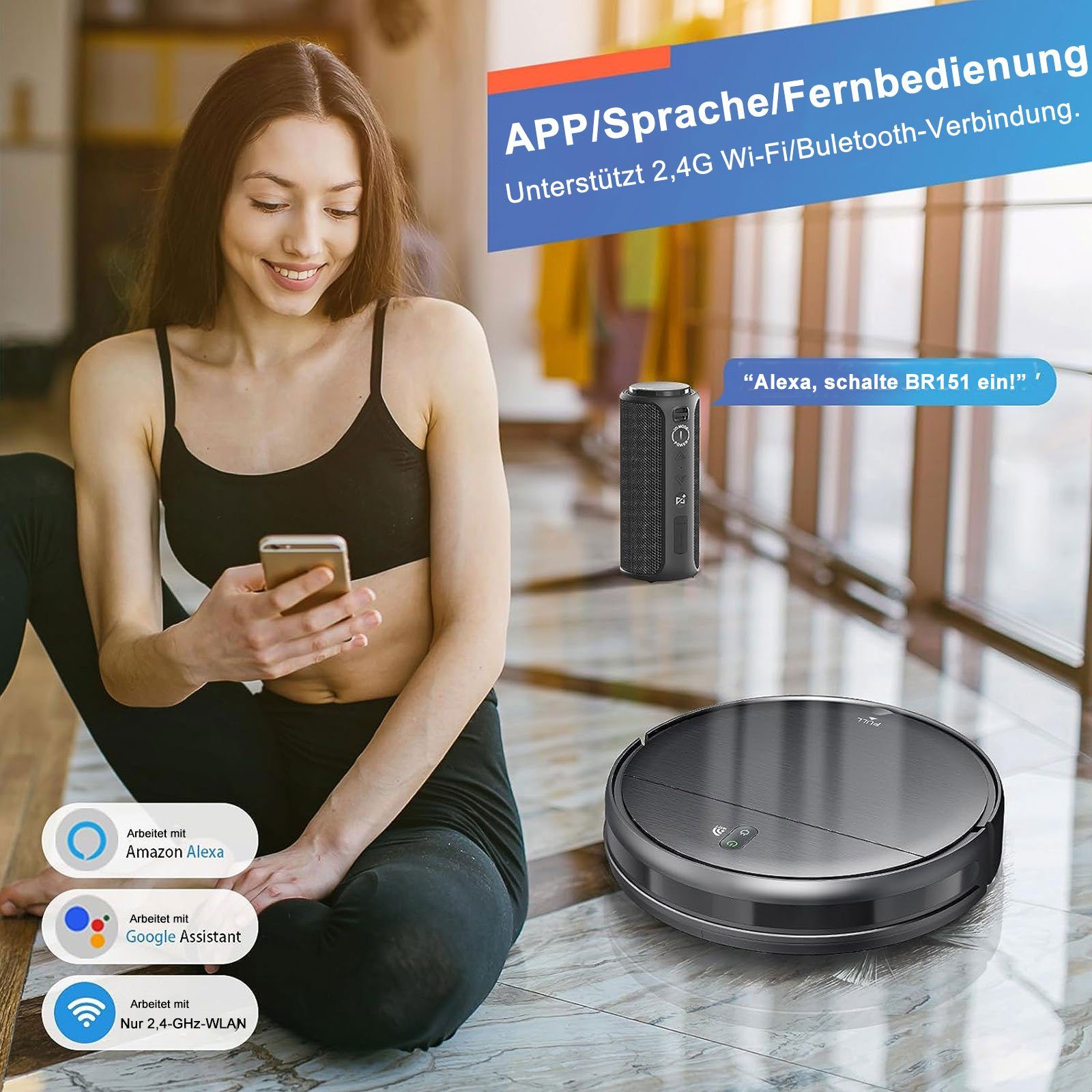 OKWISH Nass-Trocken-Saugroboter Staubsauger Roboter 2in1 Saugroboter Wischfunktion Hartboden für Roboterstaubsauger Pa 1400 Starke mit Tierhaare Selbstaufladen, Teppich WLAN