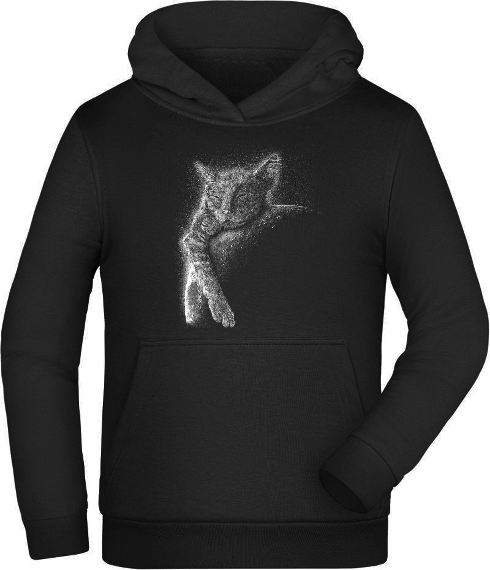 MyDesign24 Hoodie Kinder Kapuzen Sweatshirt - Katzen Hoodie schlafend am Mond Kapuzensweater mit Aufdruck i123