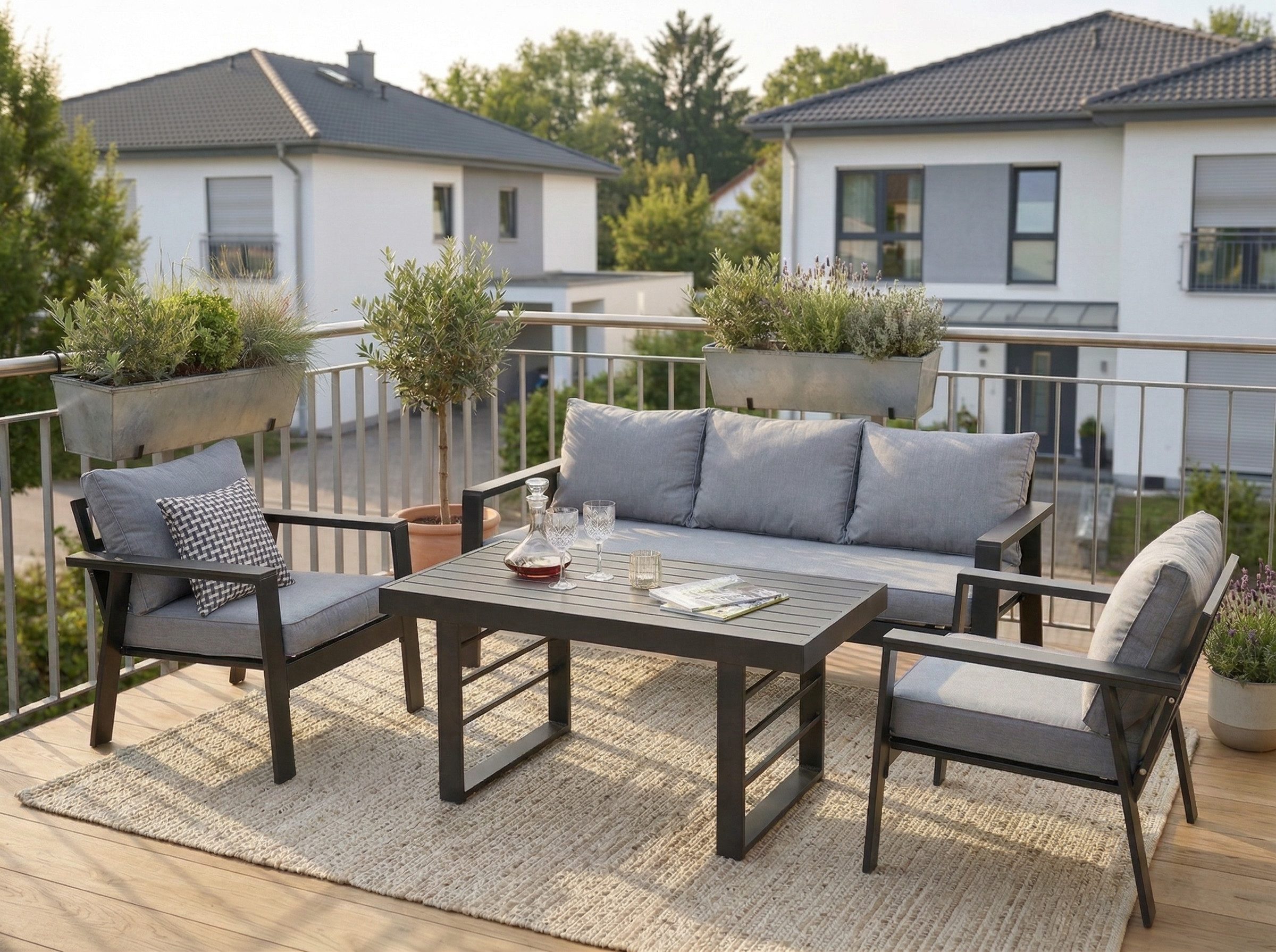 MeXo Gartenlounge-Set Gartenmöbel Set Aluminium 5-6 Personen, wetterfest, (Garten Essgruppe, Belastbarkeit pro Sitzplatz 140 kg, 4-tlg., mit ergonomischen Sesseln und extra dicken Kissen), Dining Loungeset Outdoor für Essen & Entspannen im Freien