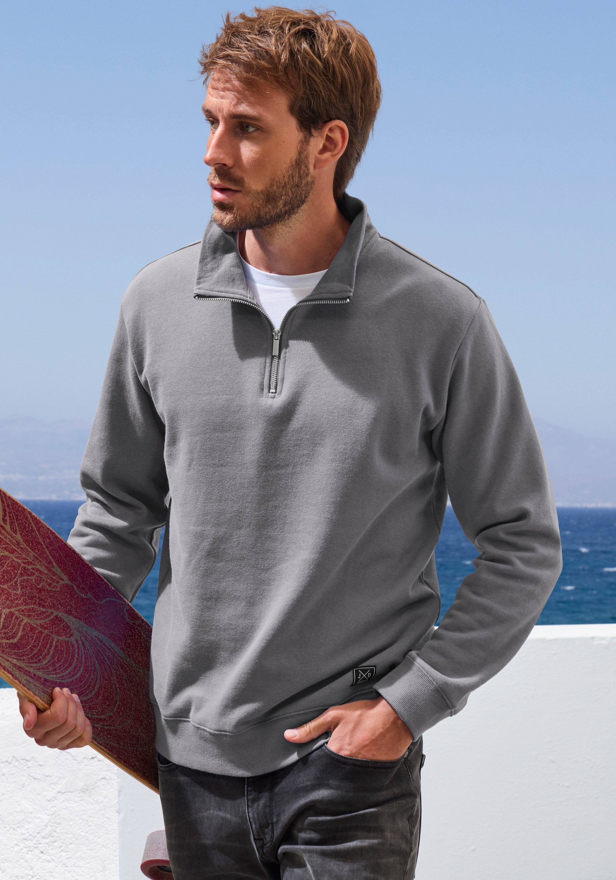 John Devin Sweatshirt Langarm, Pullover mit Reißverschluss am Stehkragen